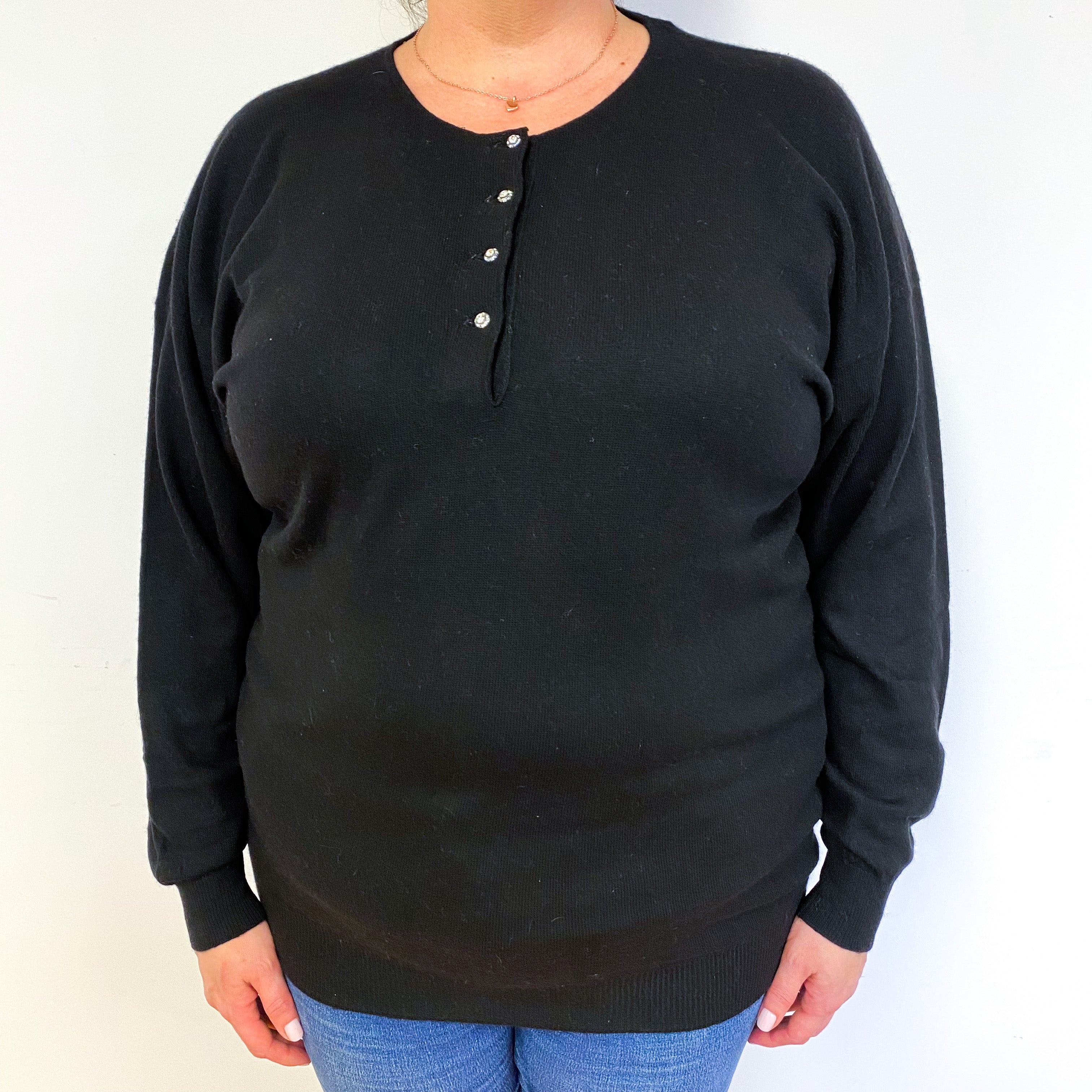 Vintage Black Buttoned Cashmere Crew Neck Jumper Extra Large