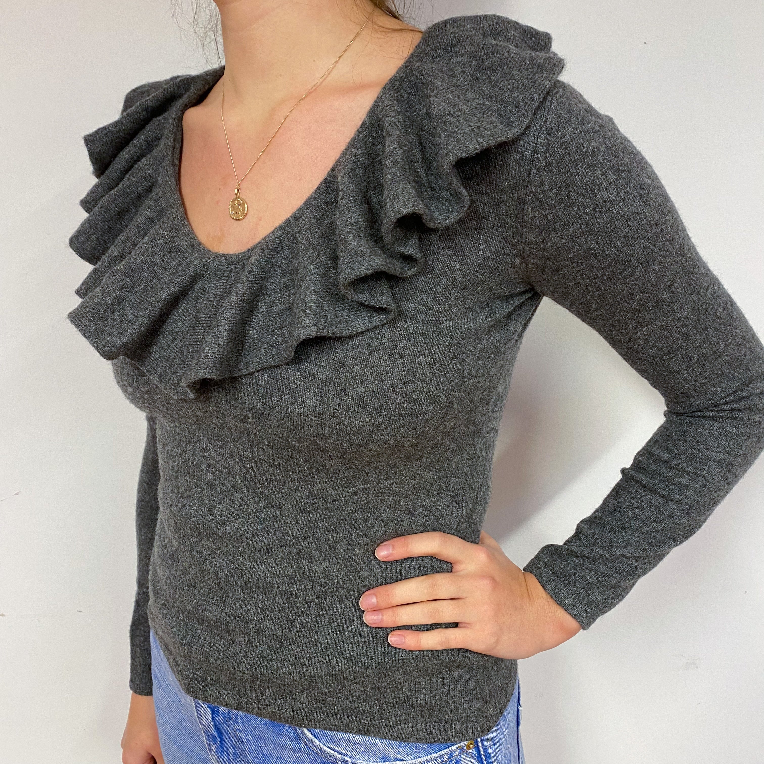 Ralph Lauren Grey Ruffle Cashmere V-Neck Jumper Small