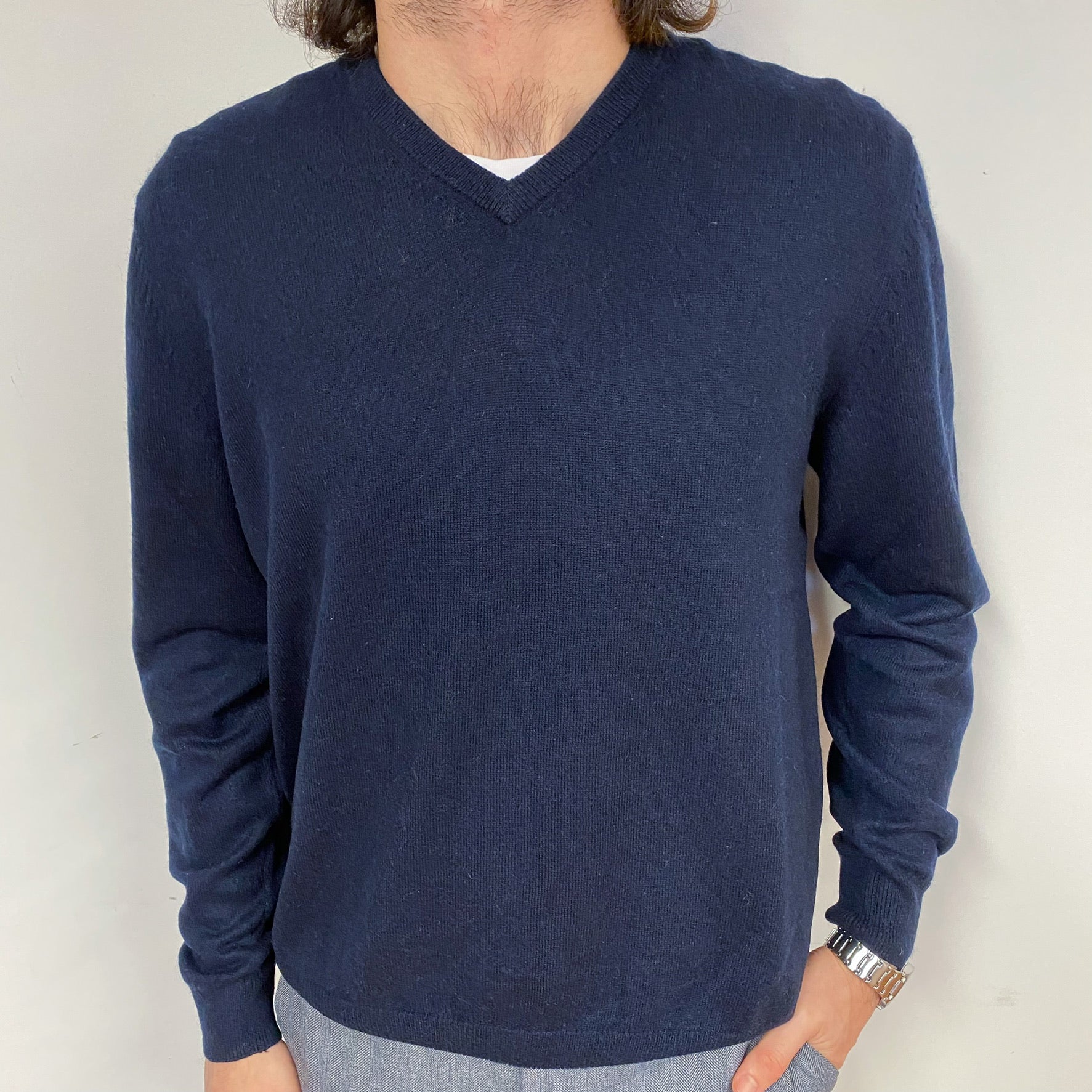 Men's Navy Blue Cashmere V-Neck Jumper Small