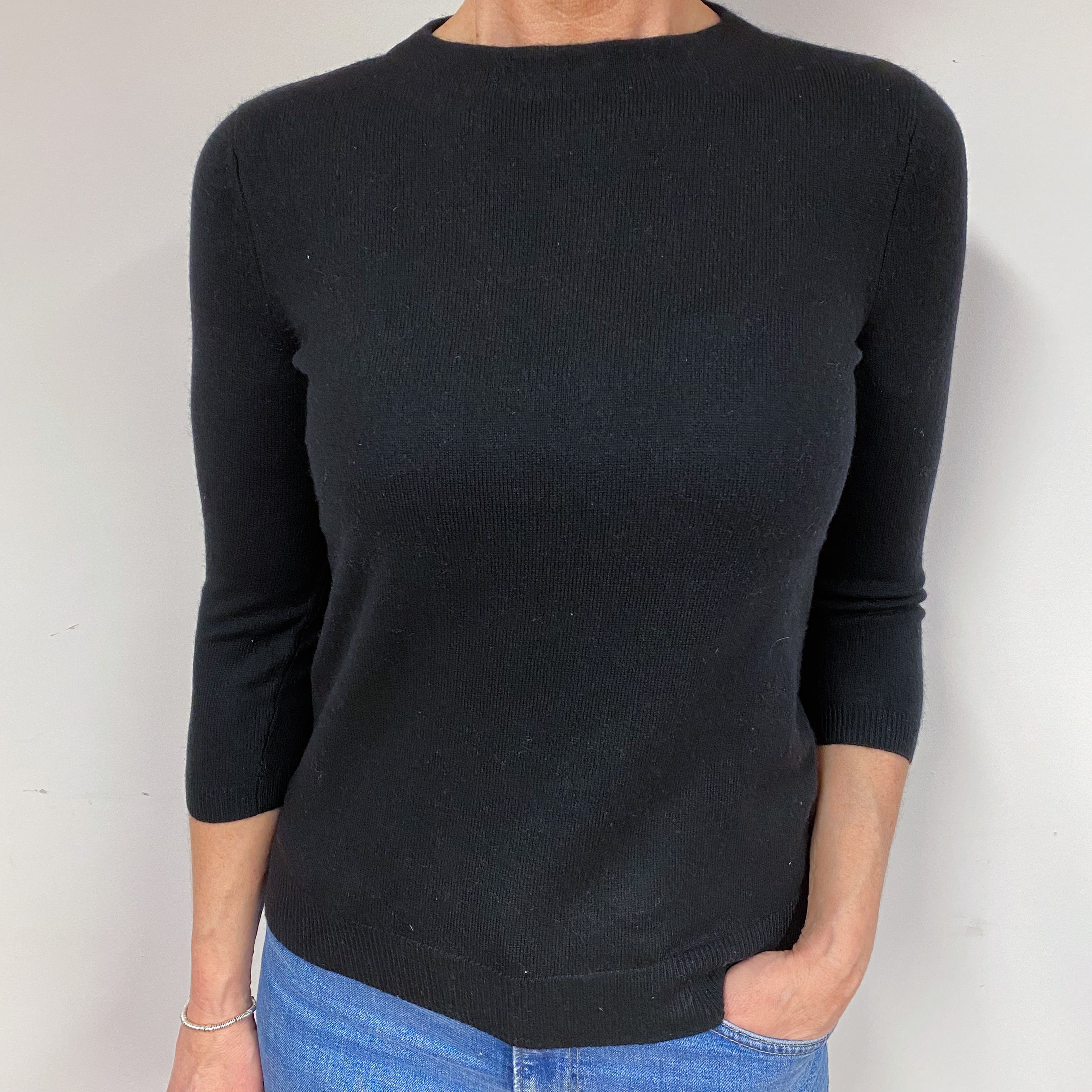Black 3/4 Sleeve Cashmere Crew Neck Jumper Medium
