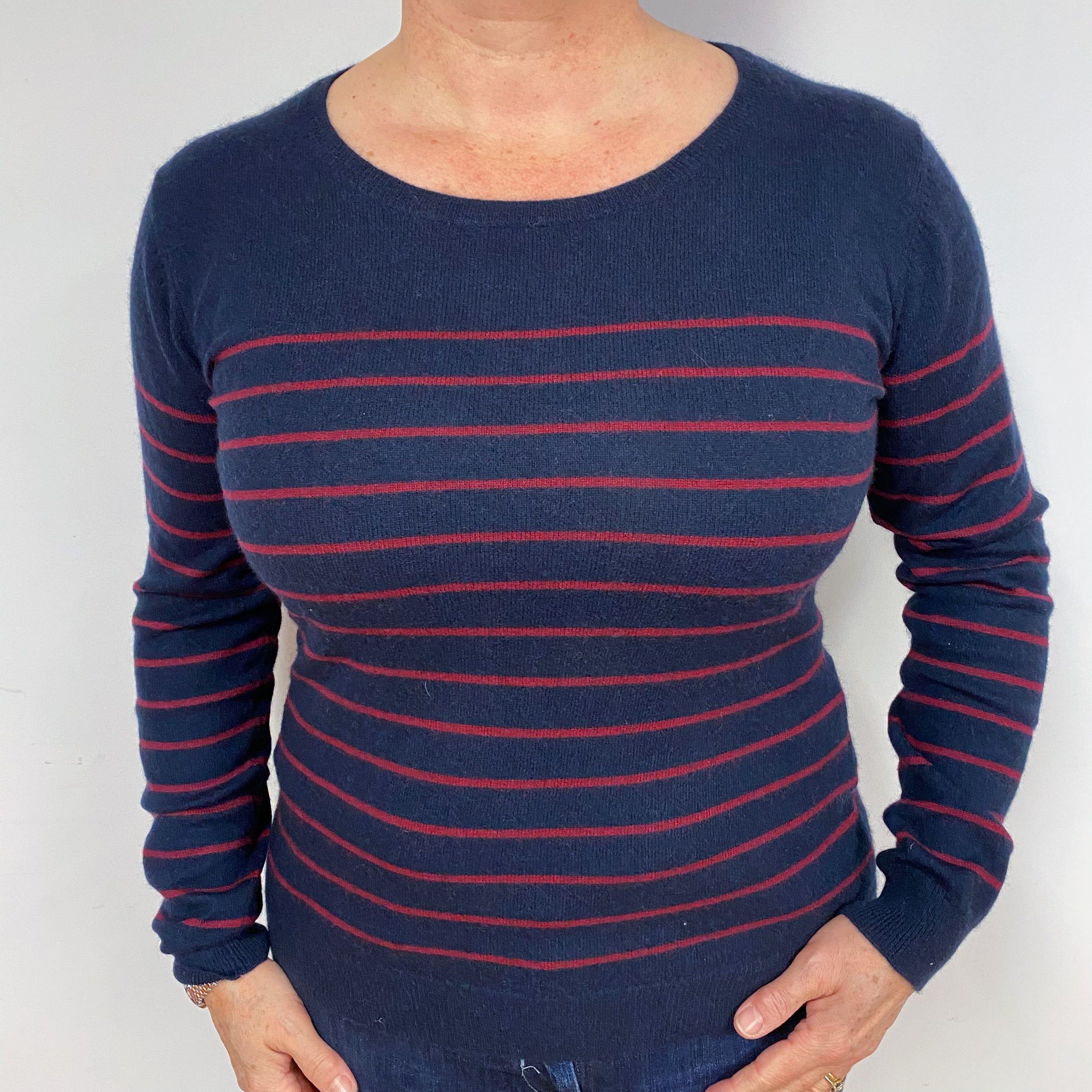 Navy Burgundy Stripe Cashmere Crew Neck Jumper Large