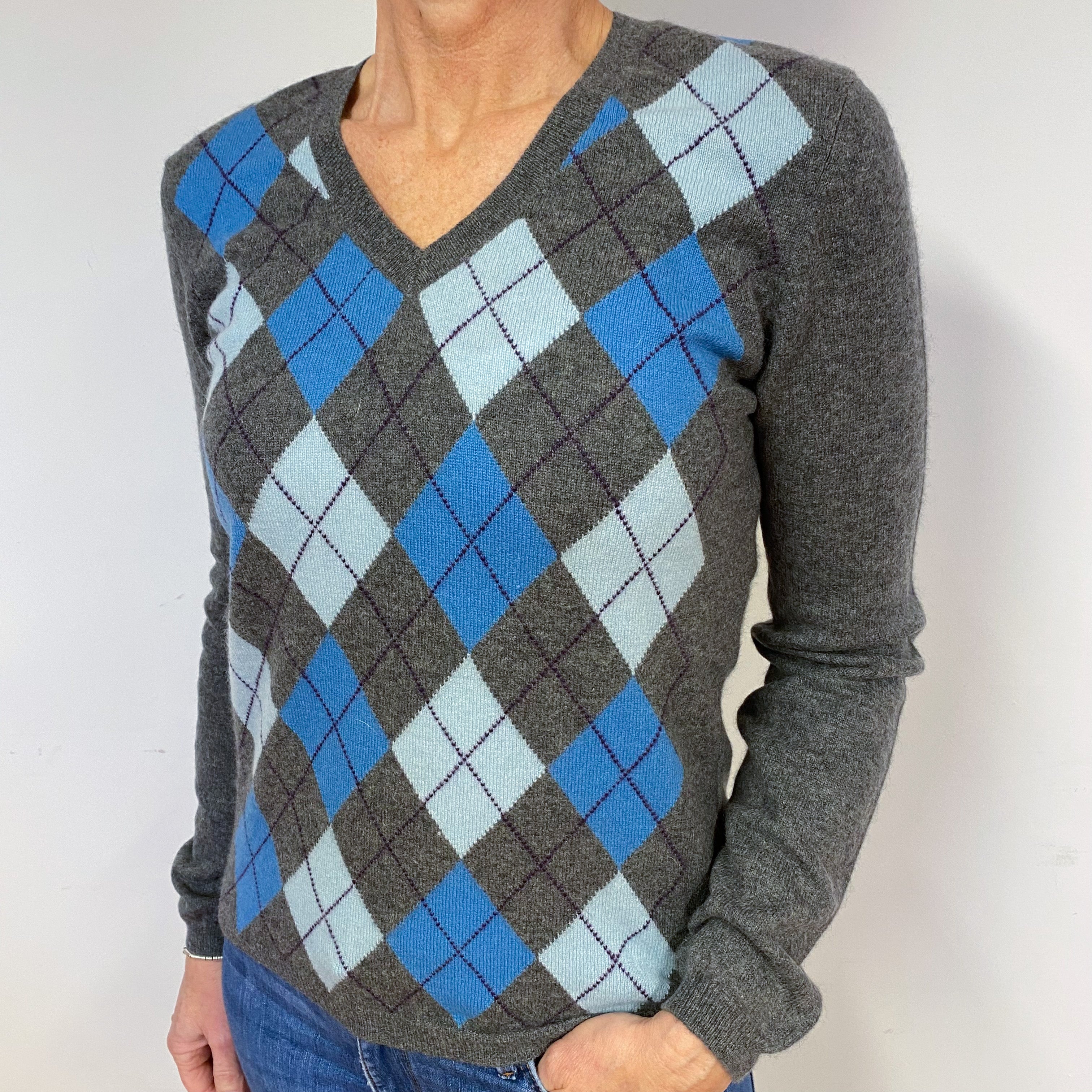 Grey Blue Diamond Cashmere V-Neck Jumper Medium
