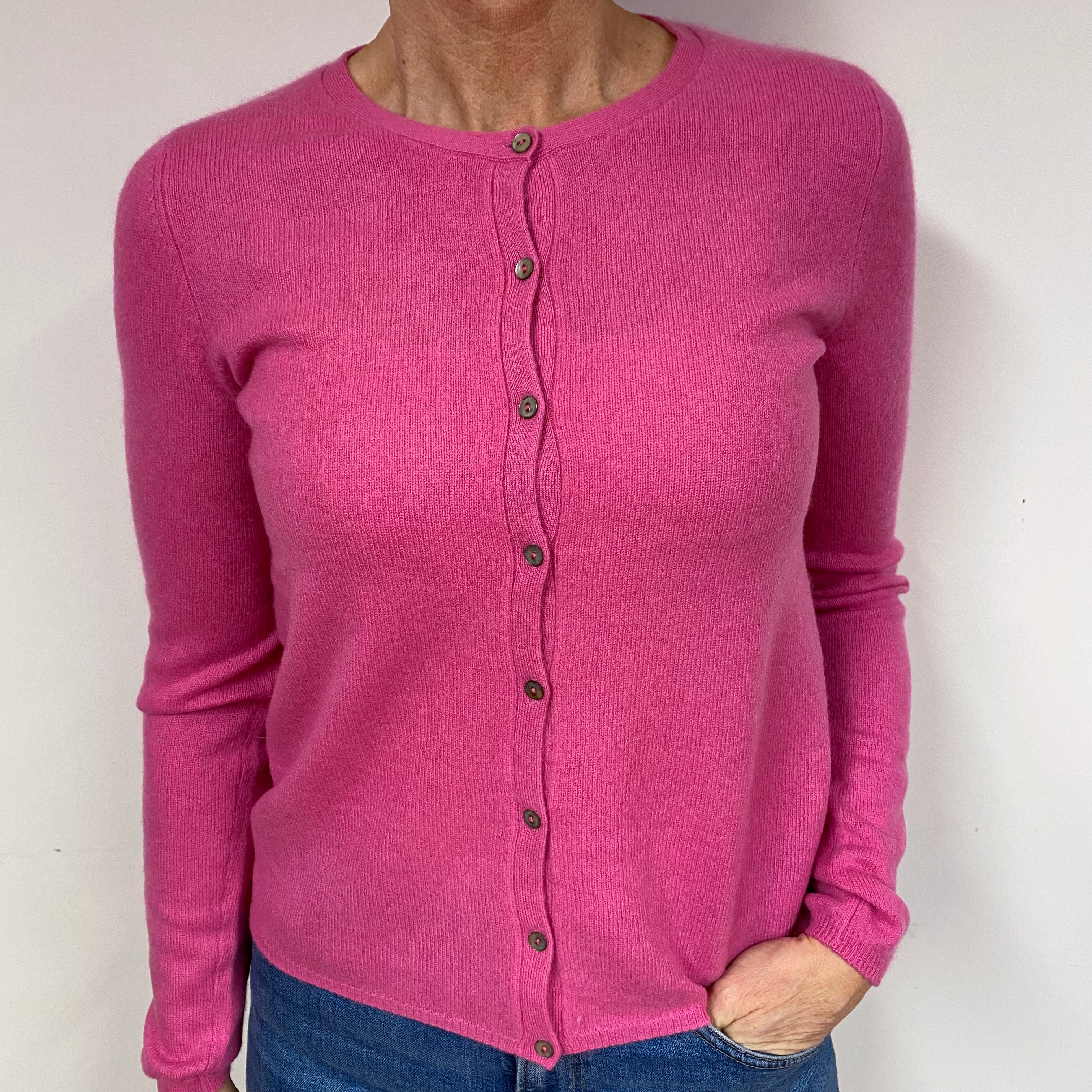 Tulip Pink Cashmere Crew Neck Cardigan Medium
