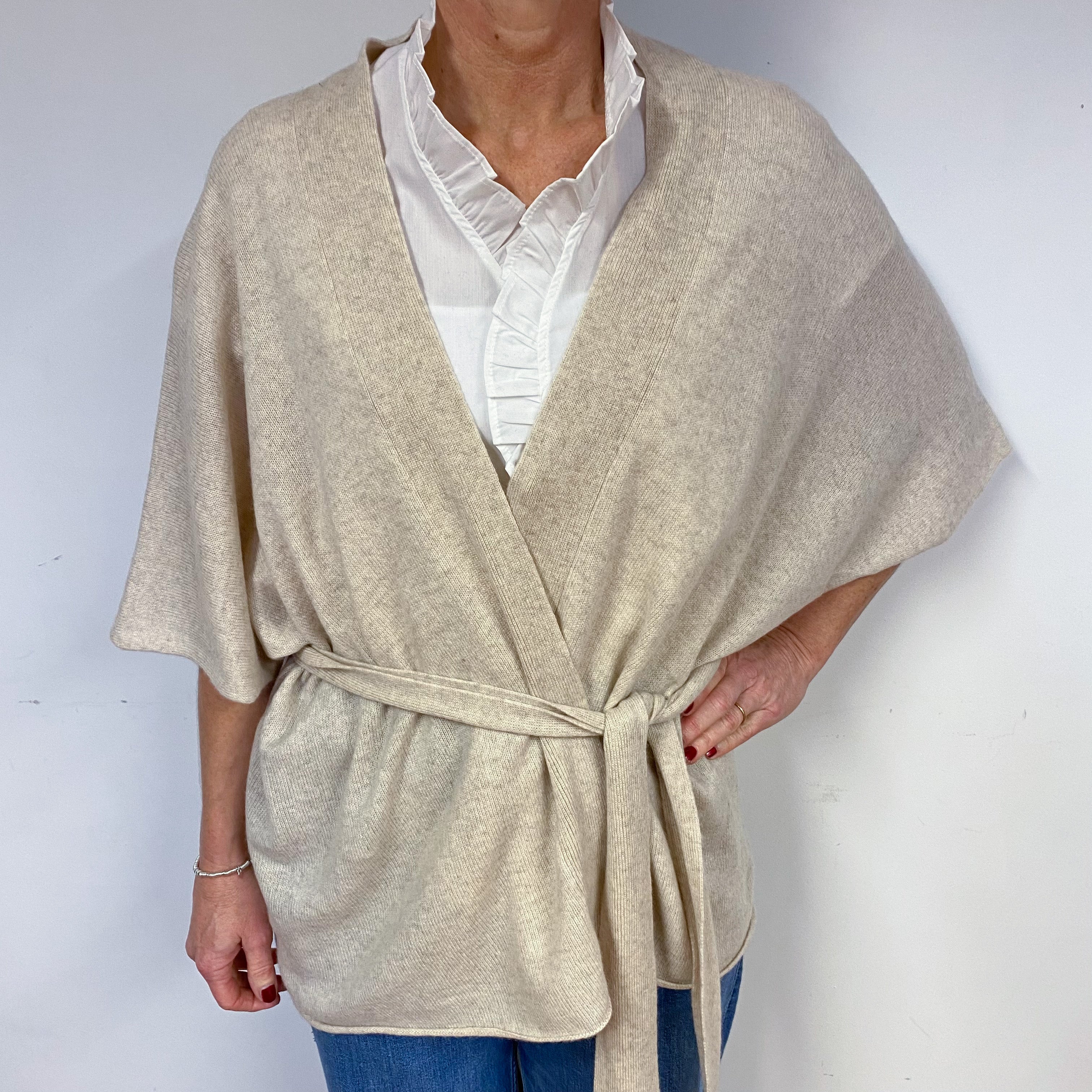 Oatmeal Batwing Cashmere Waist Tie Cardigan Medium