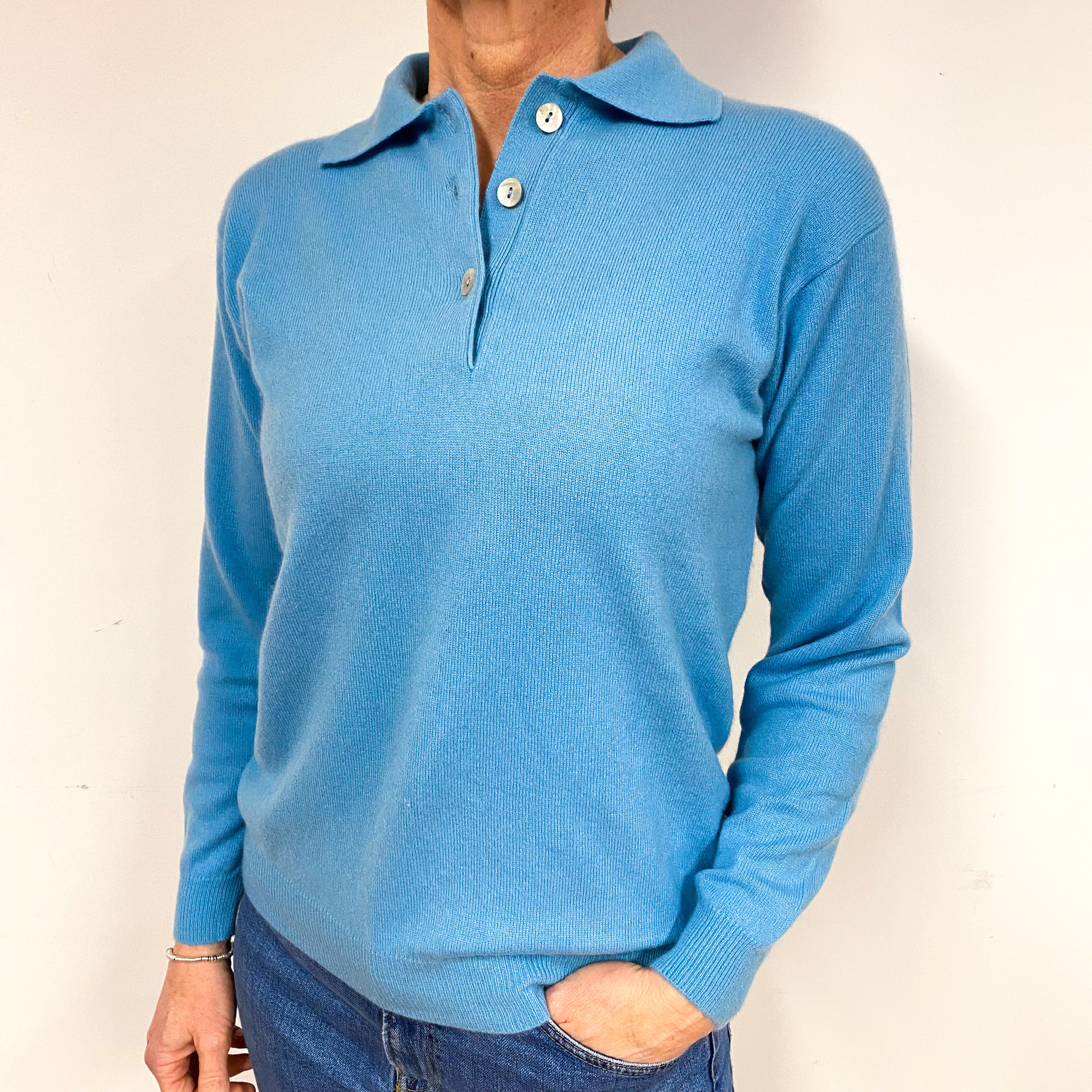 Ocean Blue Collared Cashmere 1/4 Button Jumper Medium