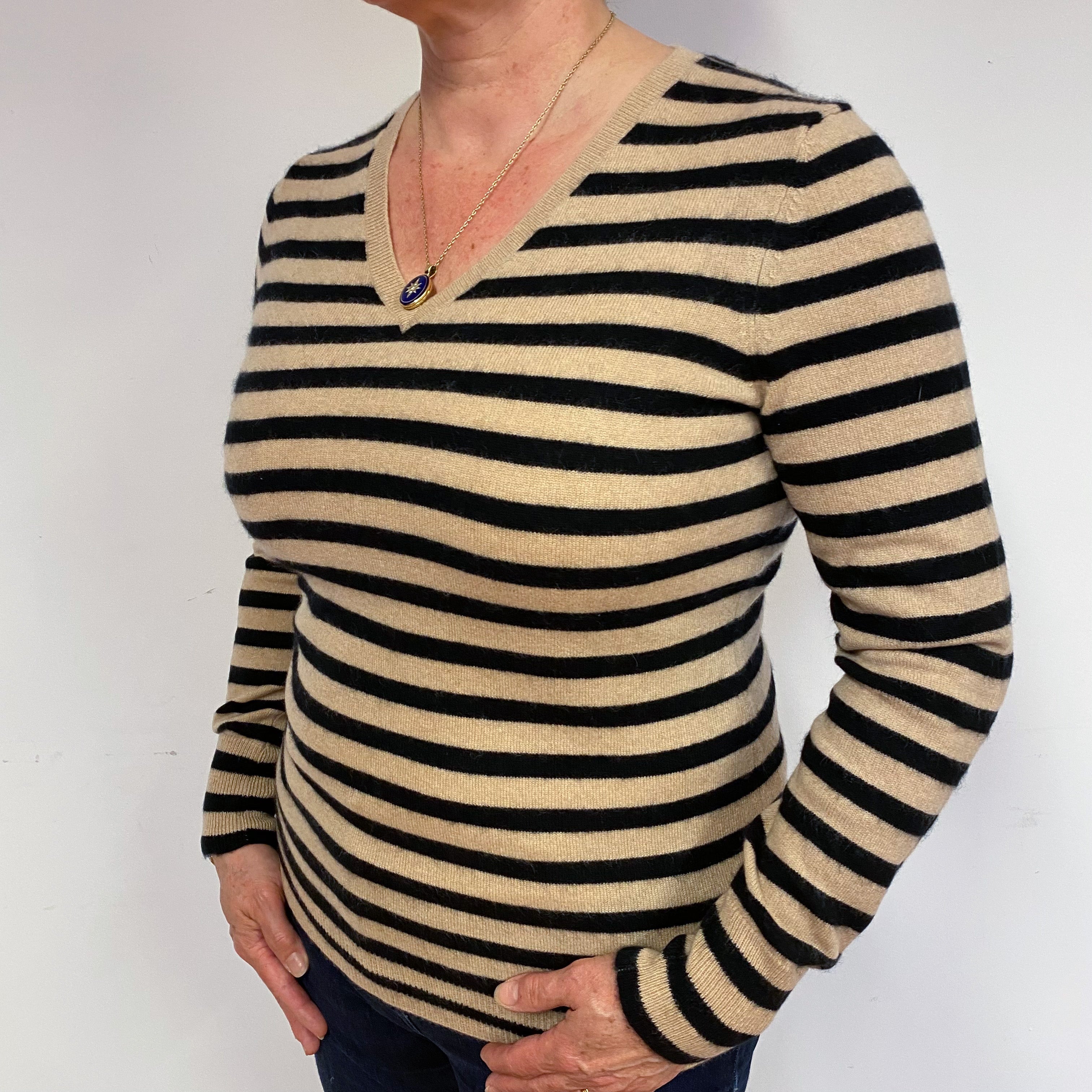 Beige Black Stripe Cashmere V-Neck Jumper Large