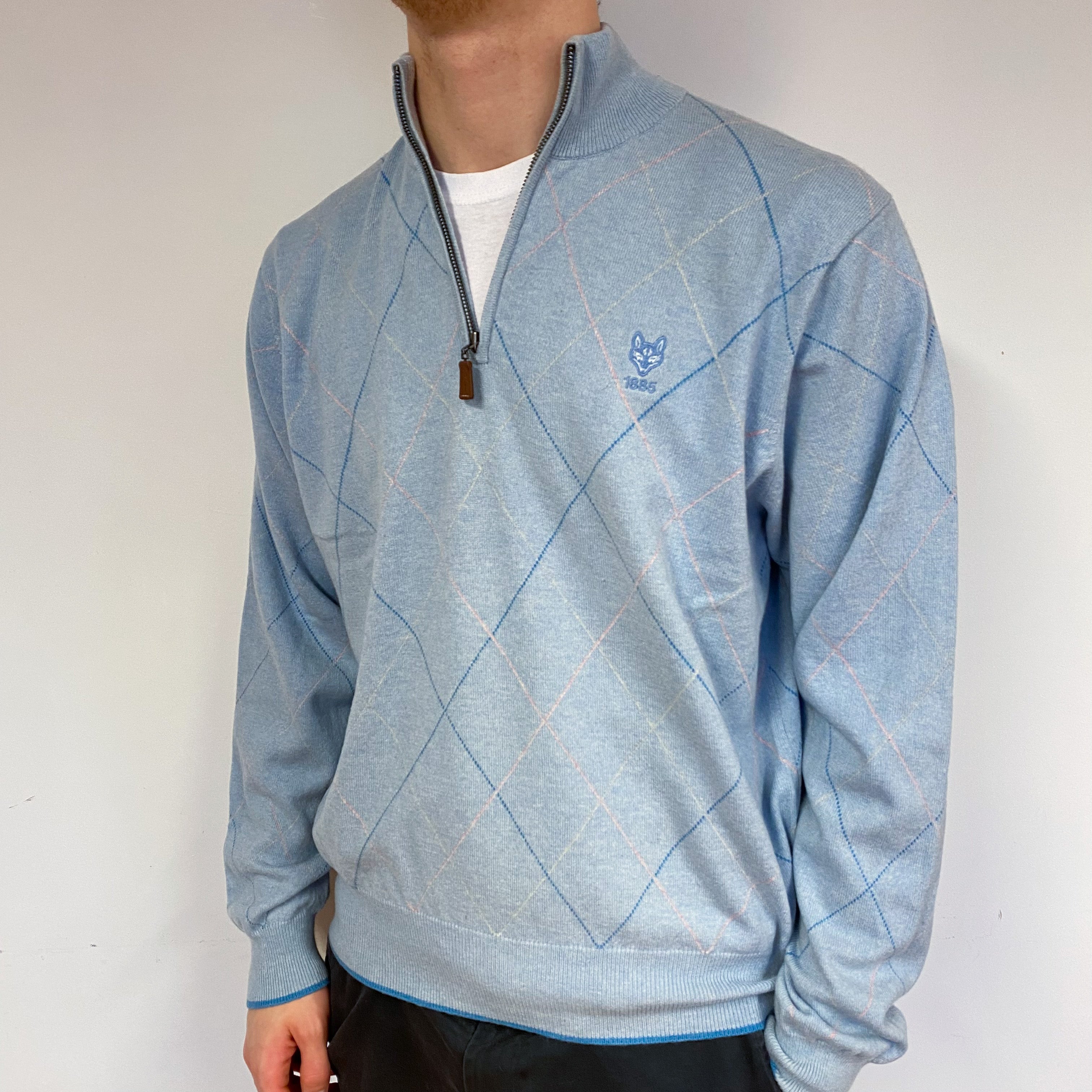 Men's Opal Blue Diamond Cashmere 1/4 Zip Jumper Large