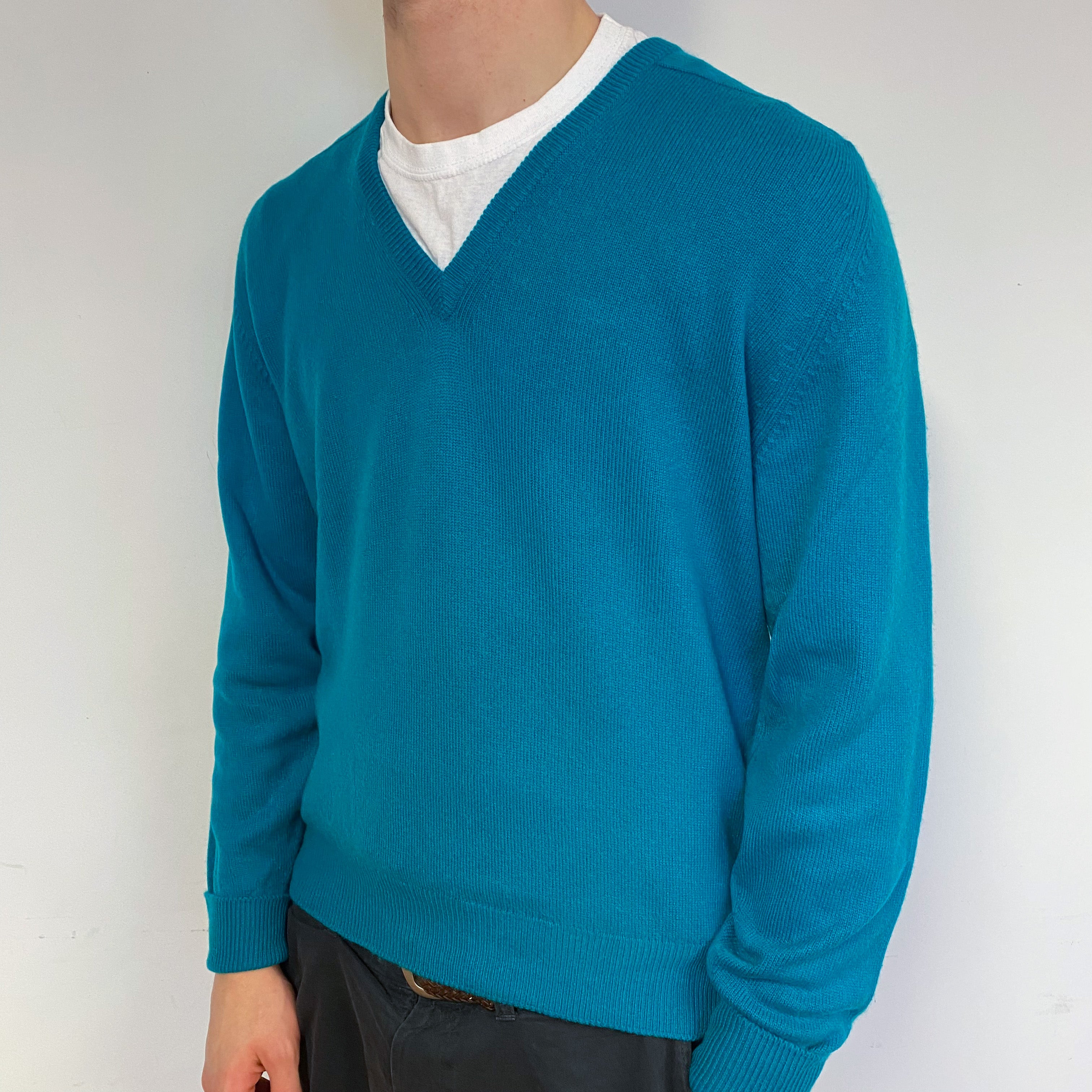 Men's Deep Turquoise Cashmere V-Neck Jumper Medium