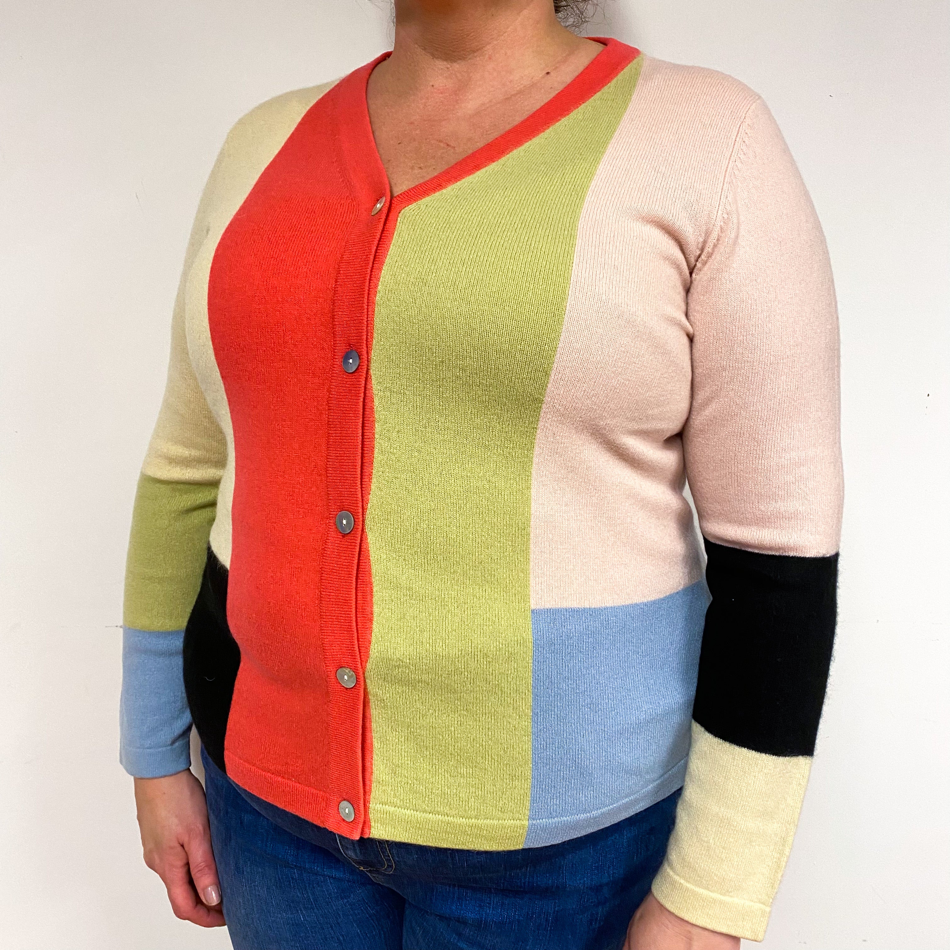 Pink Green Colour Block Cashmere V-Neck Cardigan Extra Large