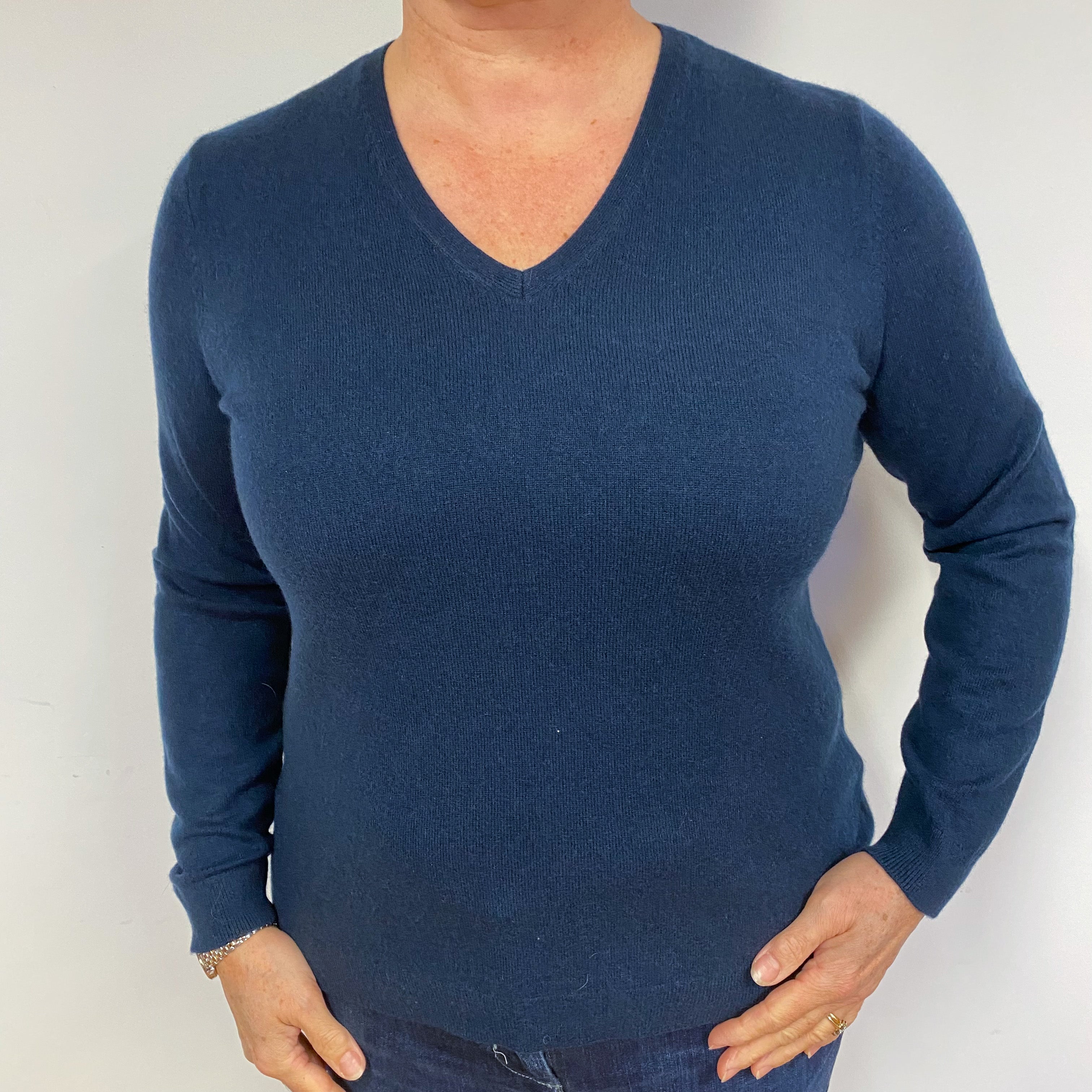 Navy Blue Cashmere V-Neck Jumper Large