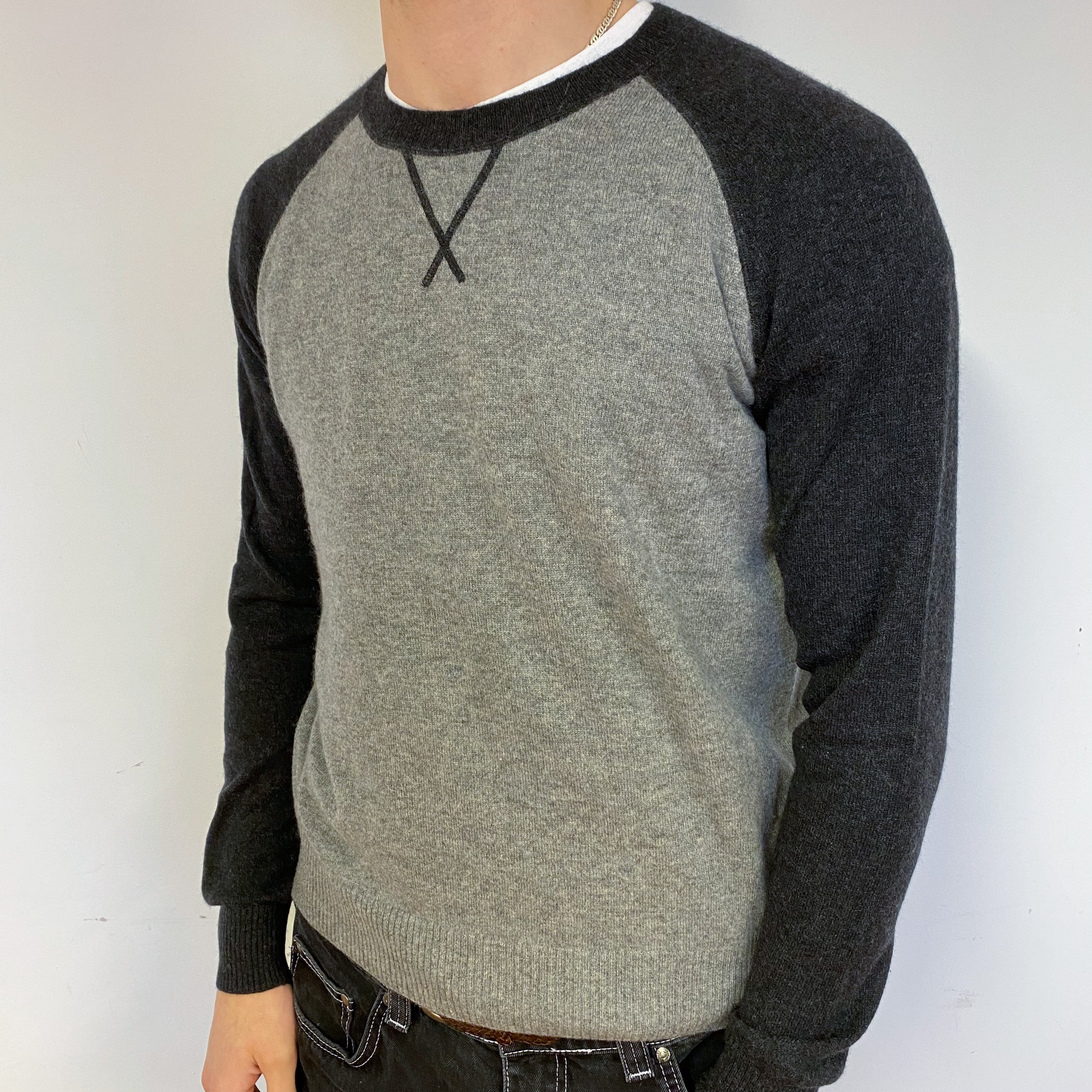 Men's Grey Sweatshirt Style Cashmere Crew Neck Jumper Medium