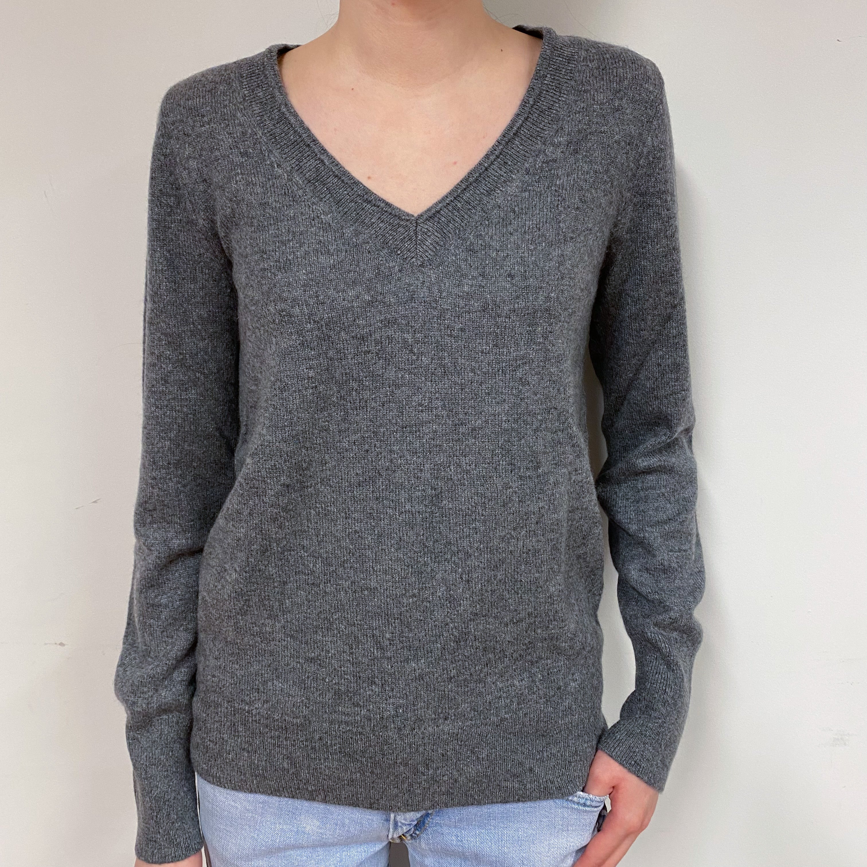 Steel Grey Cashmere V-Neck Jumper Extra Small