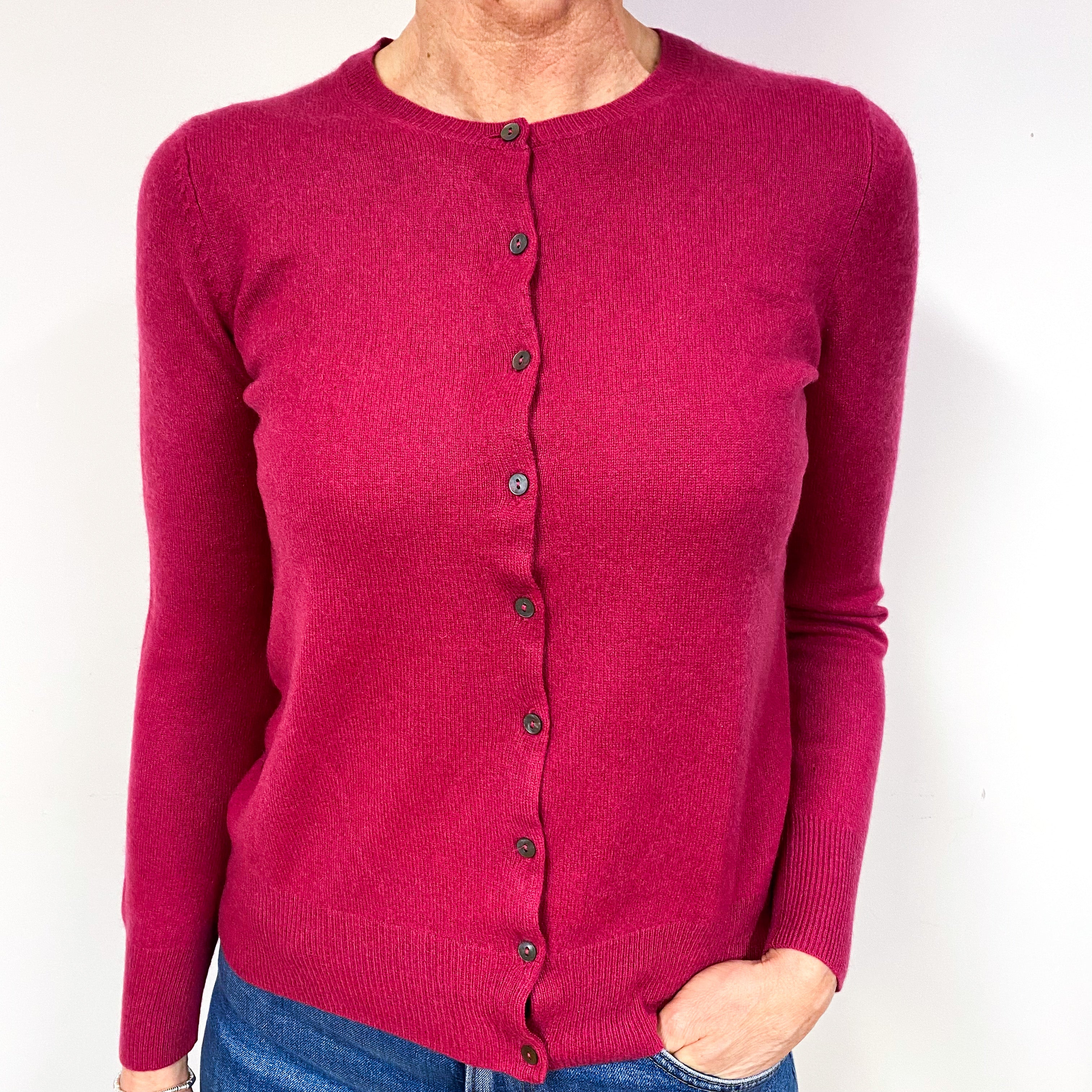 Magenta Pink Cashmere Crew Neck Cardigan Medium