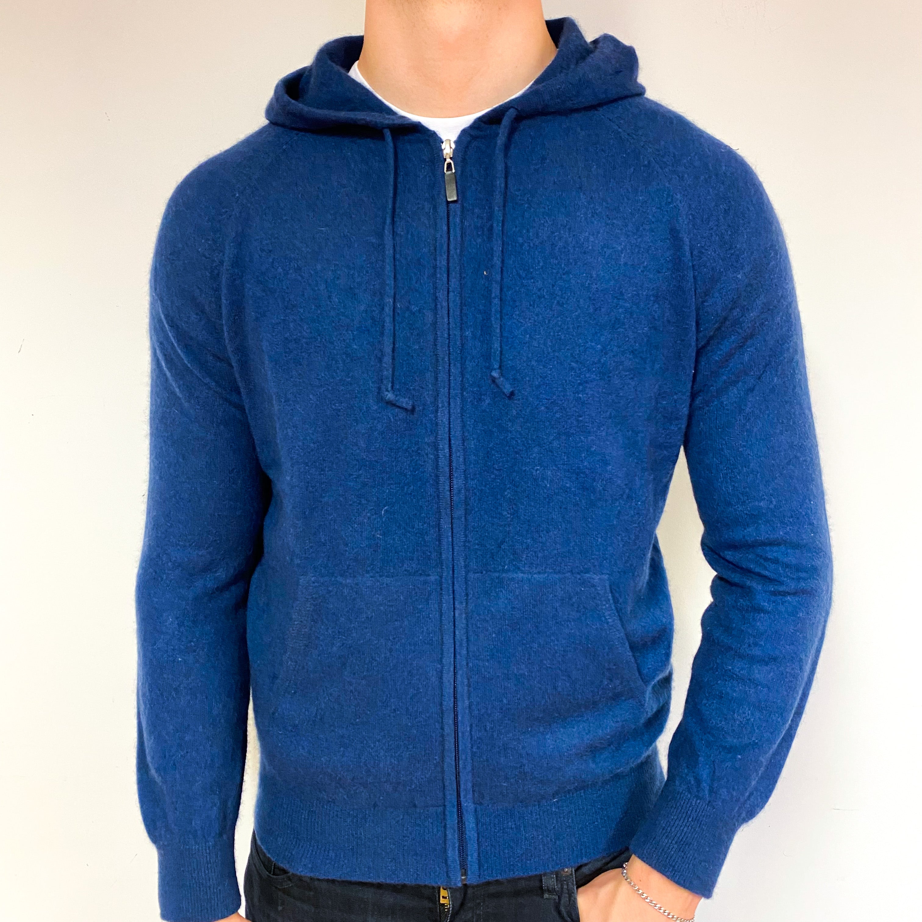 Men's Naval Blue Cashmere Hoodie Cardigan Extra Large