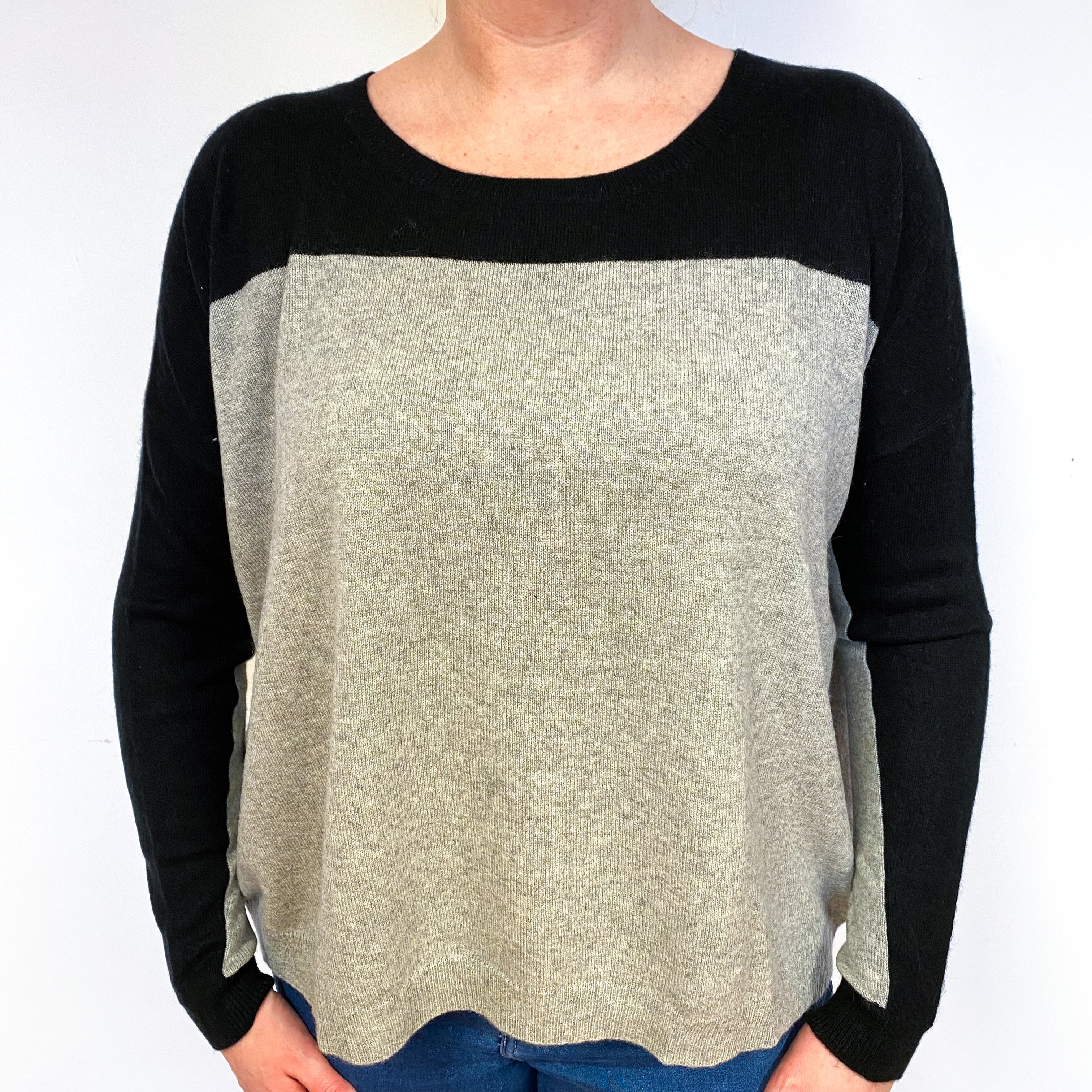 Slouchy Grey Black Cashmere Crew Neck Jumper Large