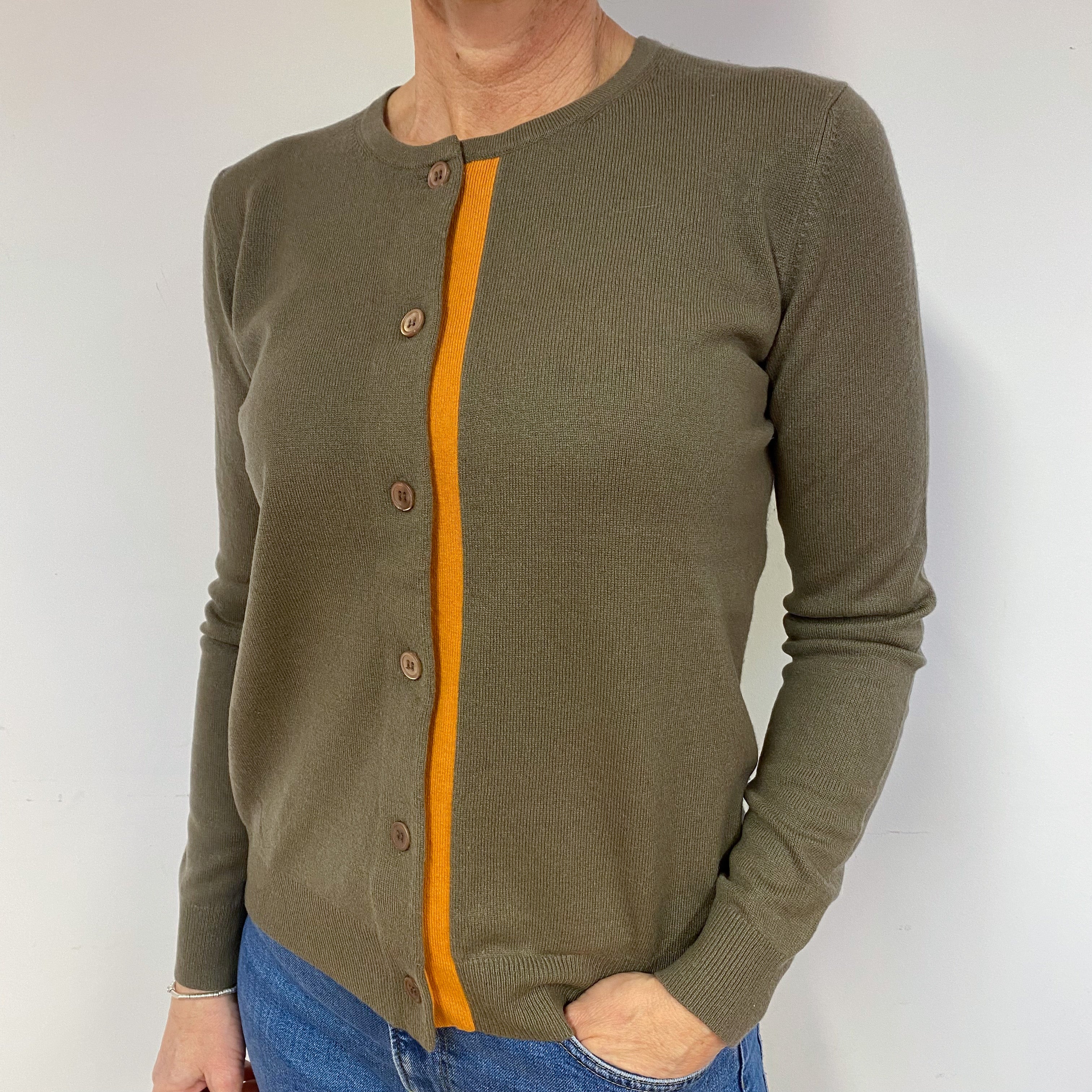 Khaki Green Cashmere Crew Neck Cardigan Medium