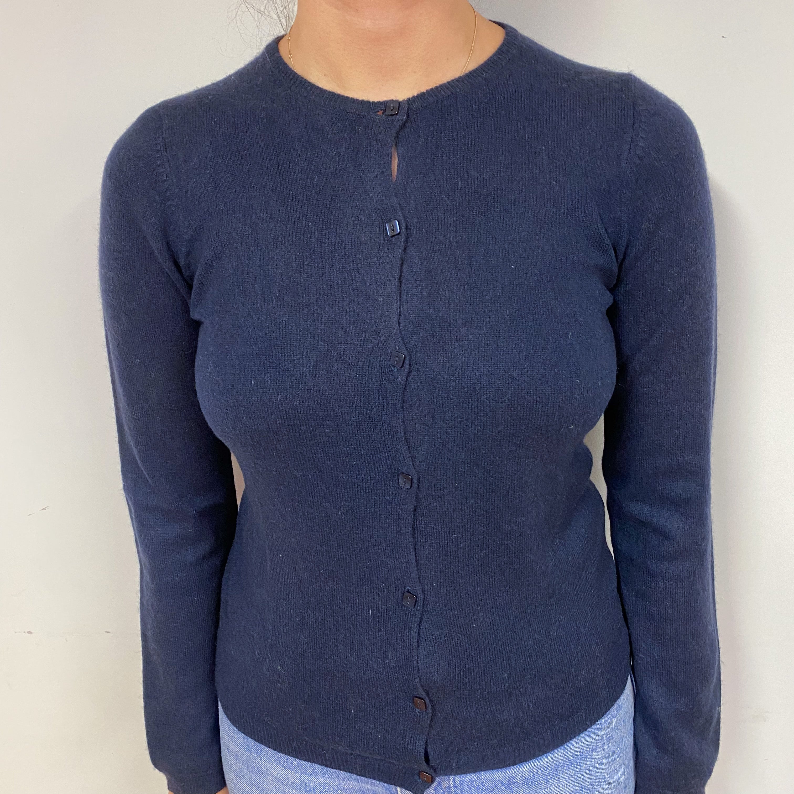 Navy Blue Cashmere Crew Neck Cardigan Small