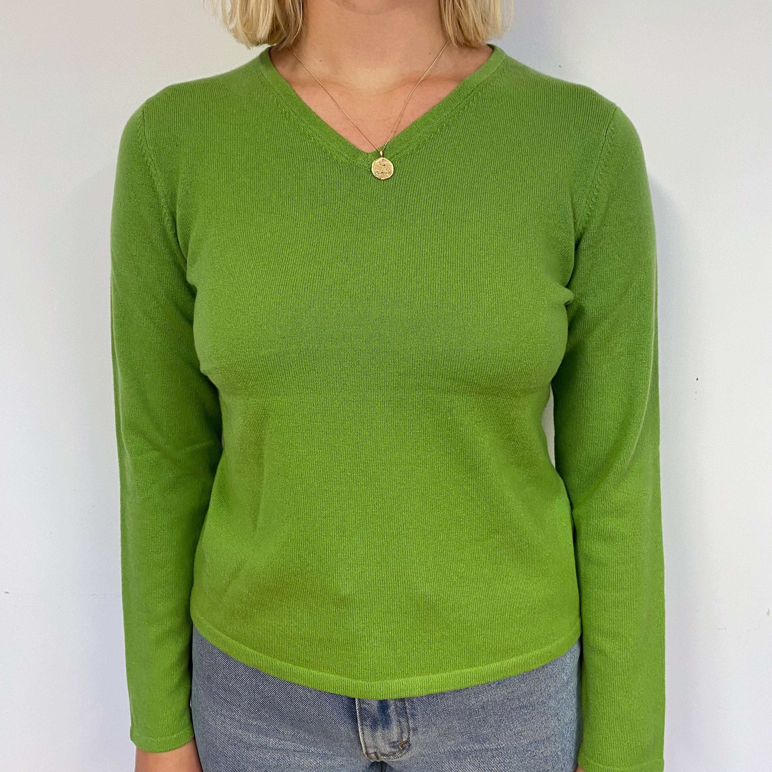 Pear Green Cashmere V-Neck Jumper Small