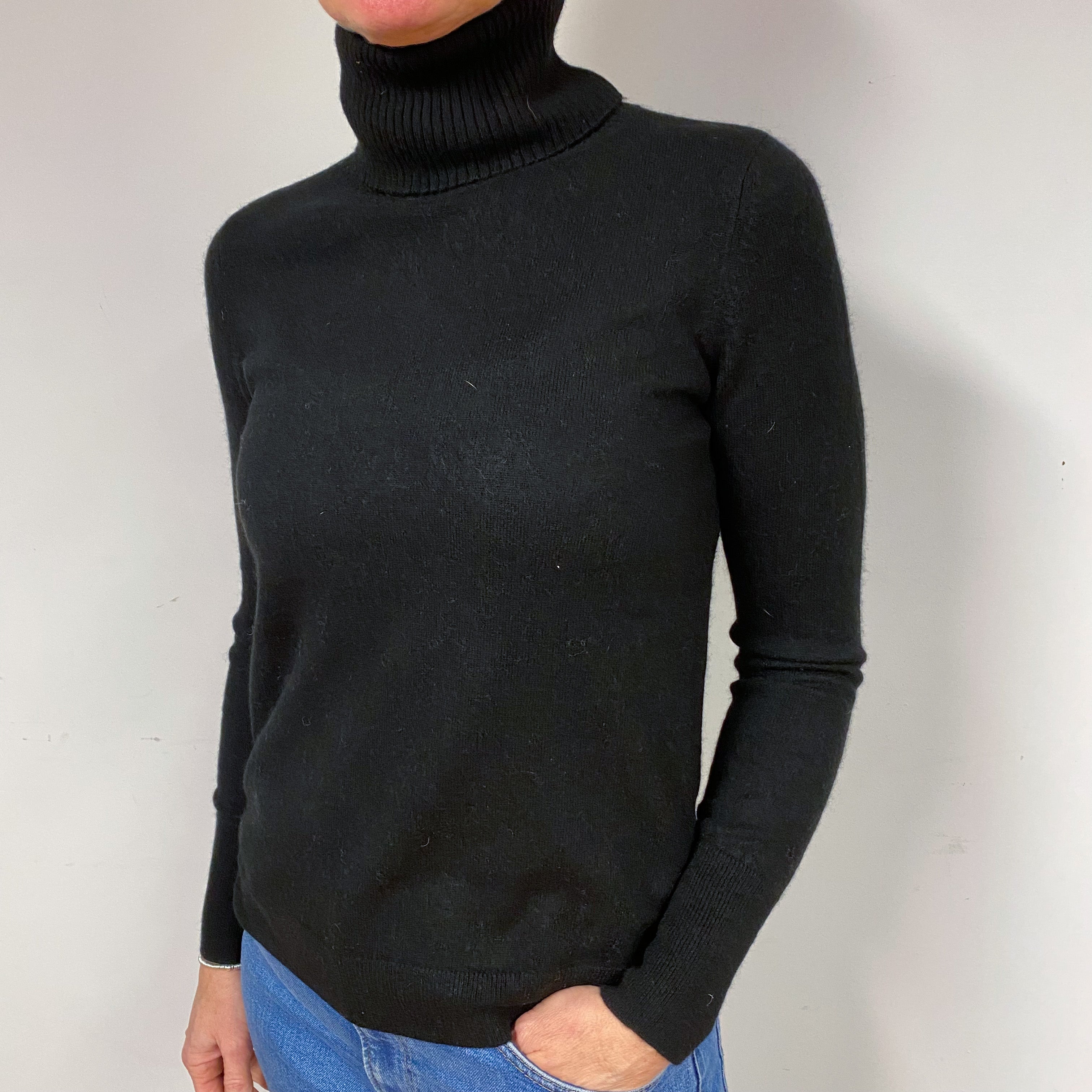 Slim Black Cashmere Polo Neck Jumper Medium