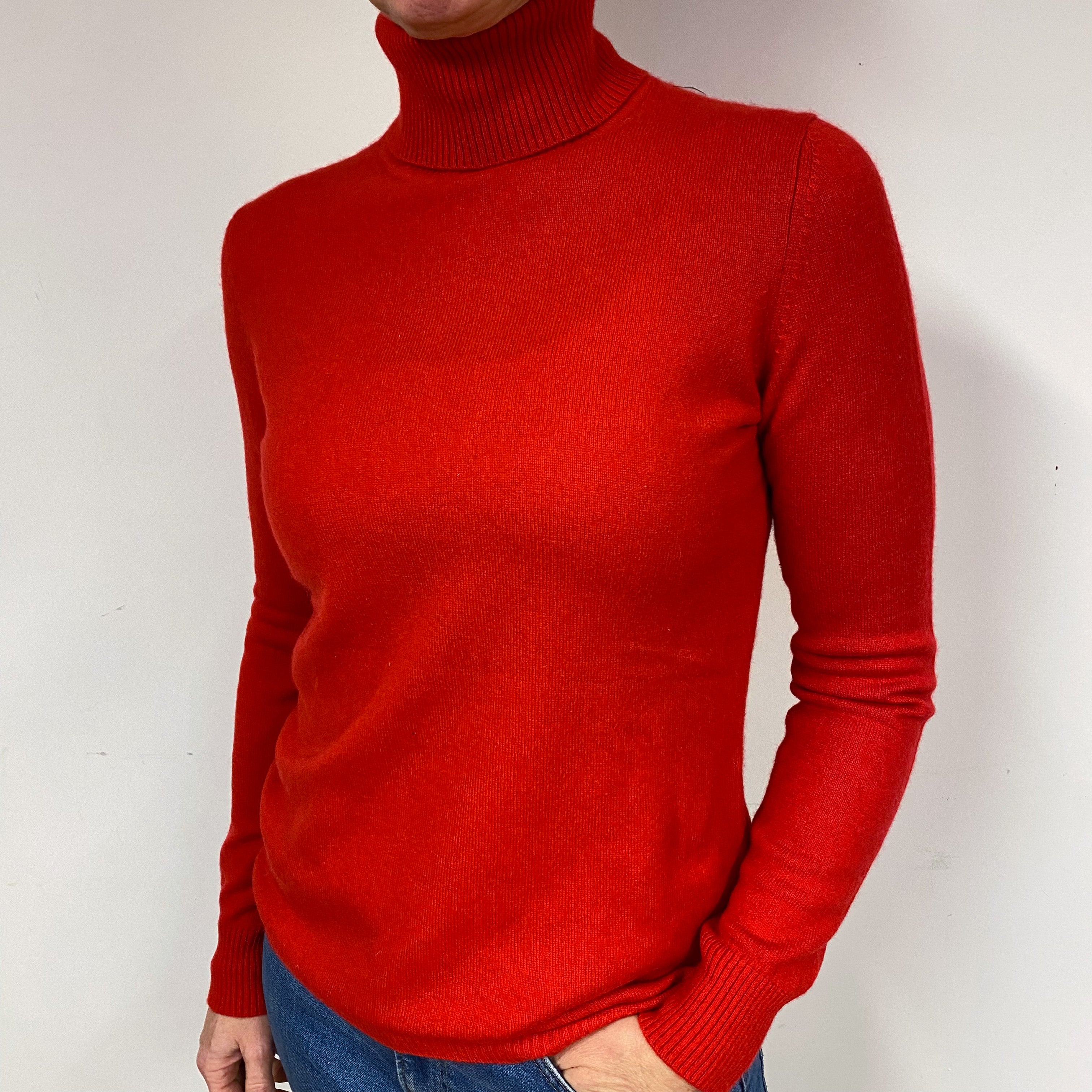Vermillion Red Cashmere Polo Neck Jumper Medium