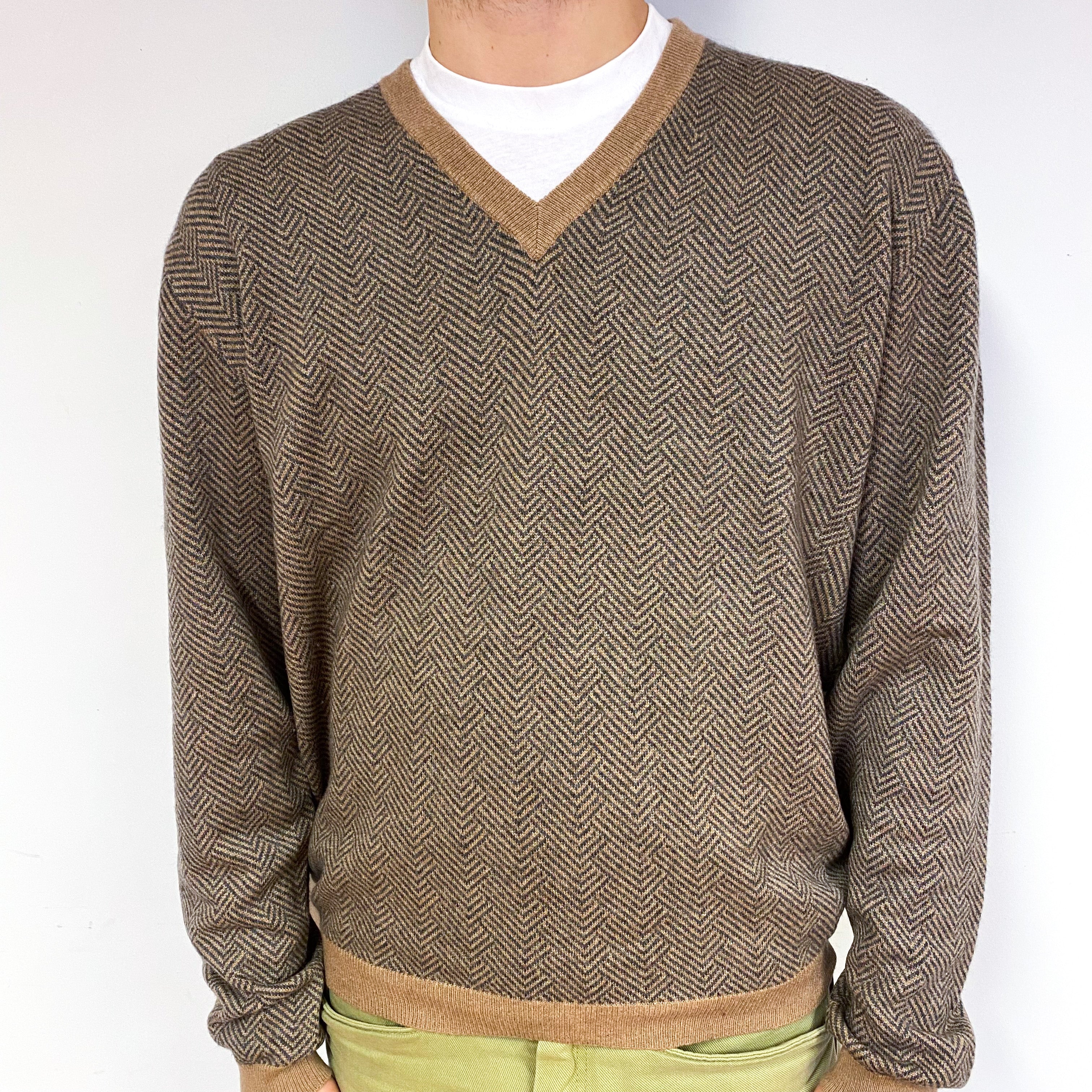 Men's Orvis Camel Grey Cashmere V-Neck Jumper Large