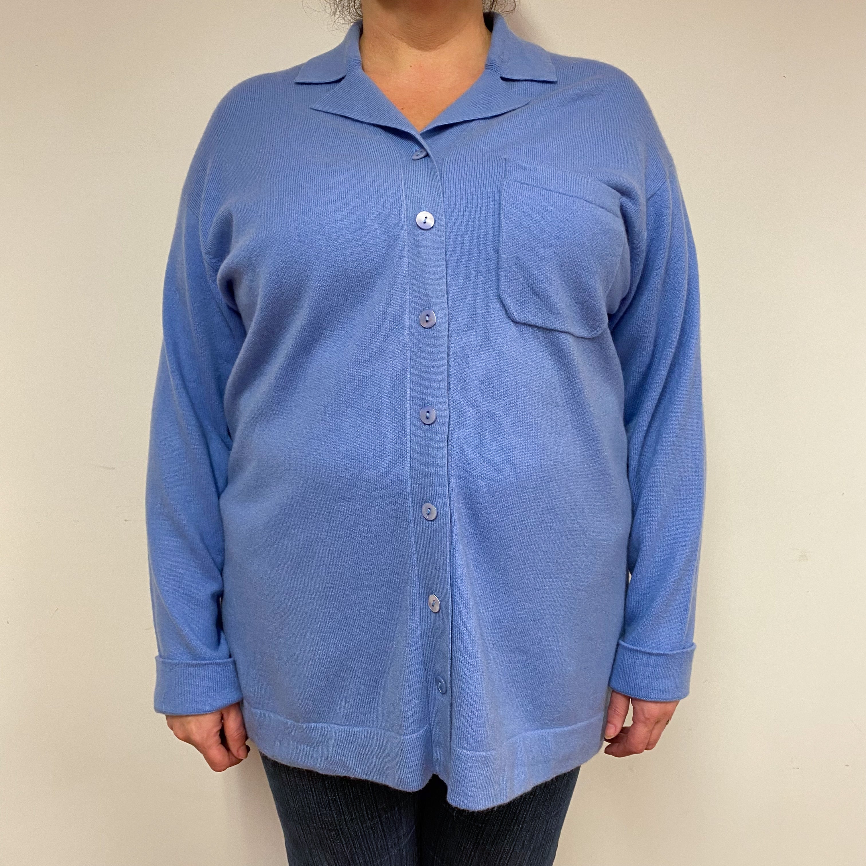 Cornflower Blue Cashmere Shirt Style Cardigan Extra Large