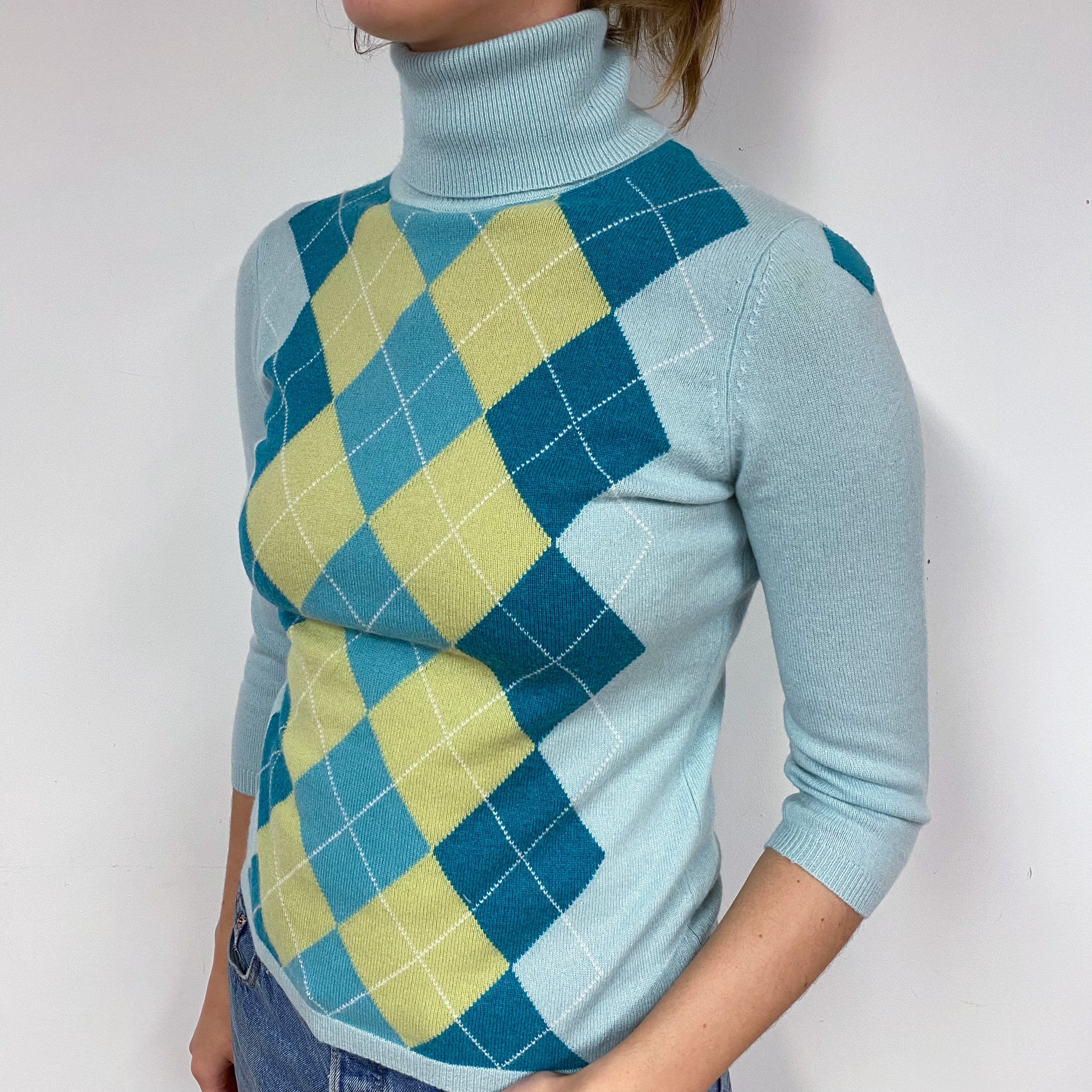 Mint Green Diamond Cashmere Polo Neck Jumper Small