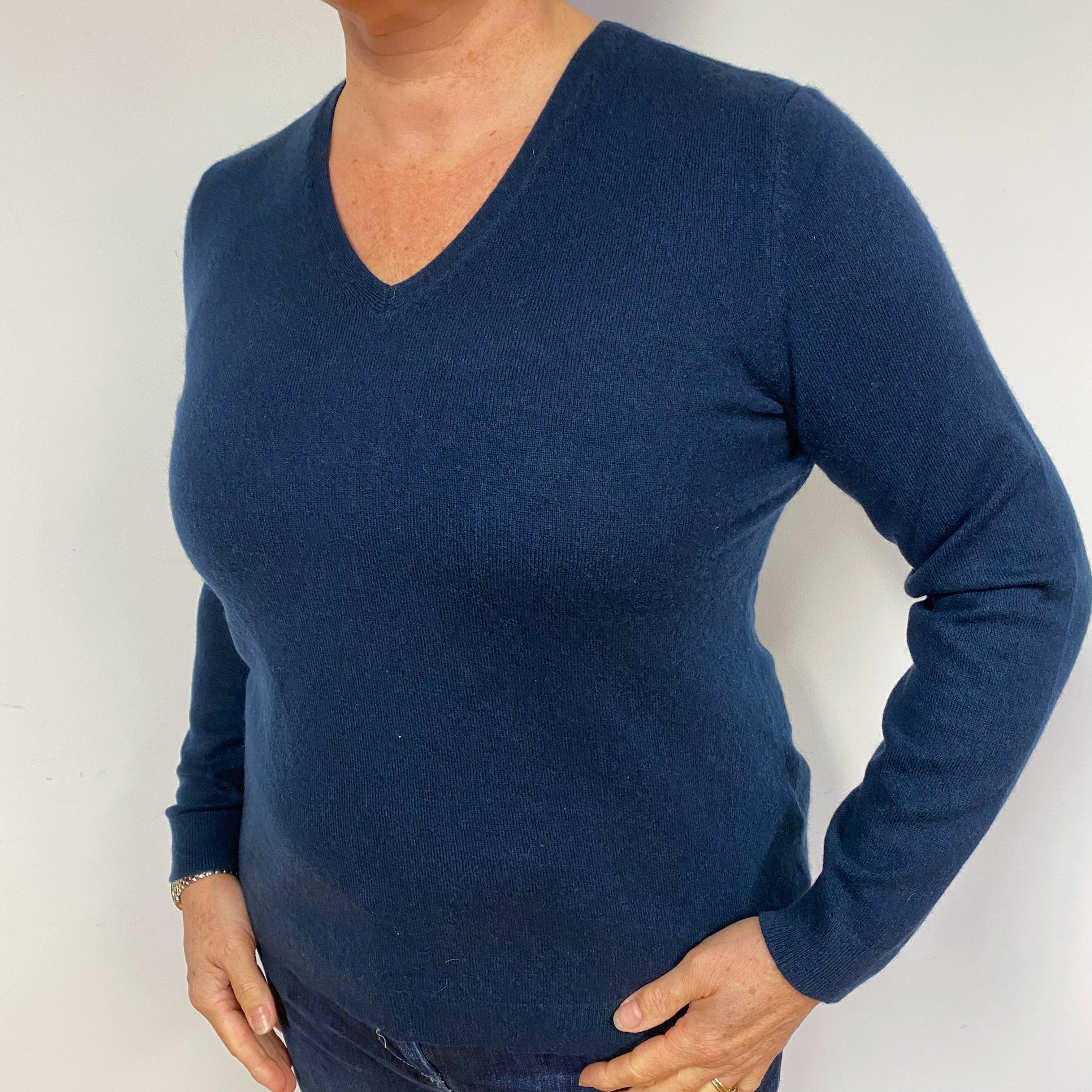 Navy Blue Cashmere V-Neck Jumper Large
