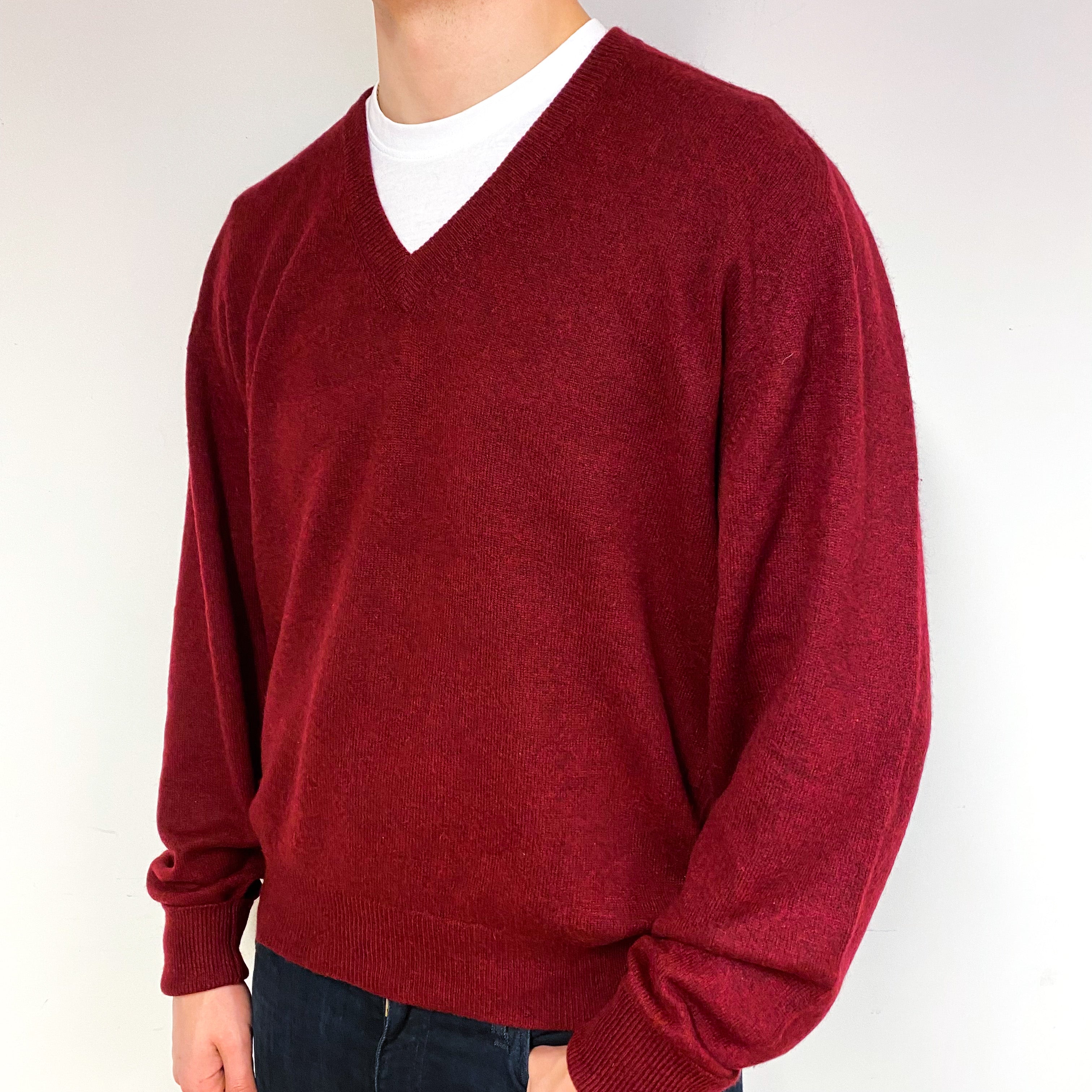 Men's Garnet Red Scottish Cashmere V-Neck Jumper Extra Large