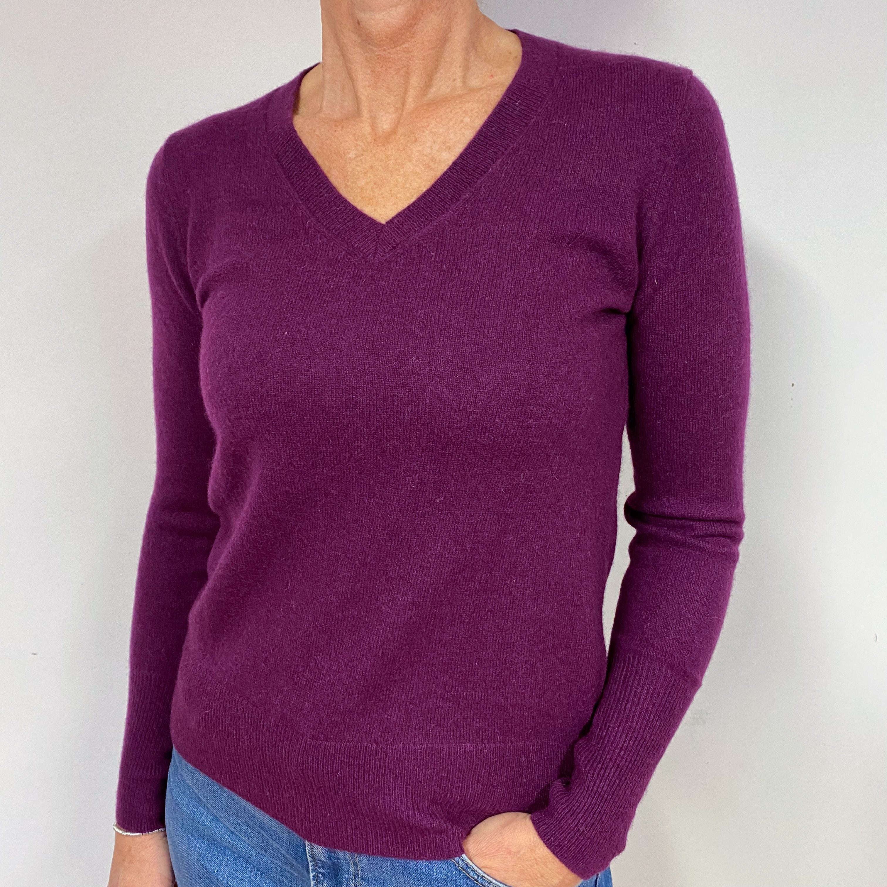 Plum Purple Cashmere V-Neck Jumper Medium
