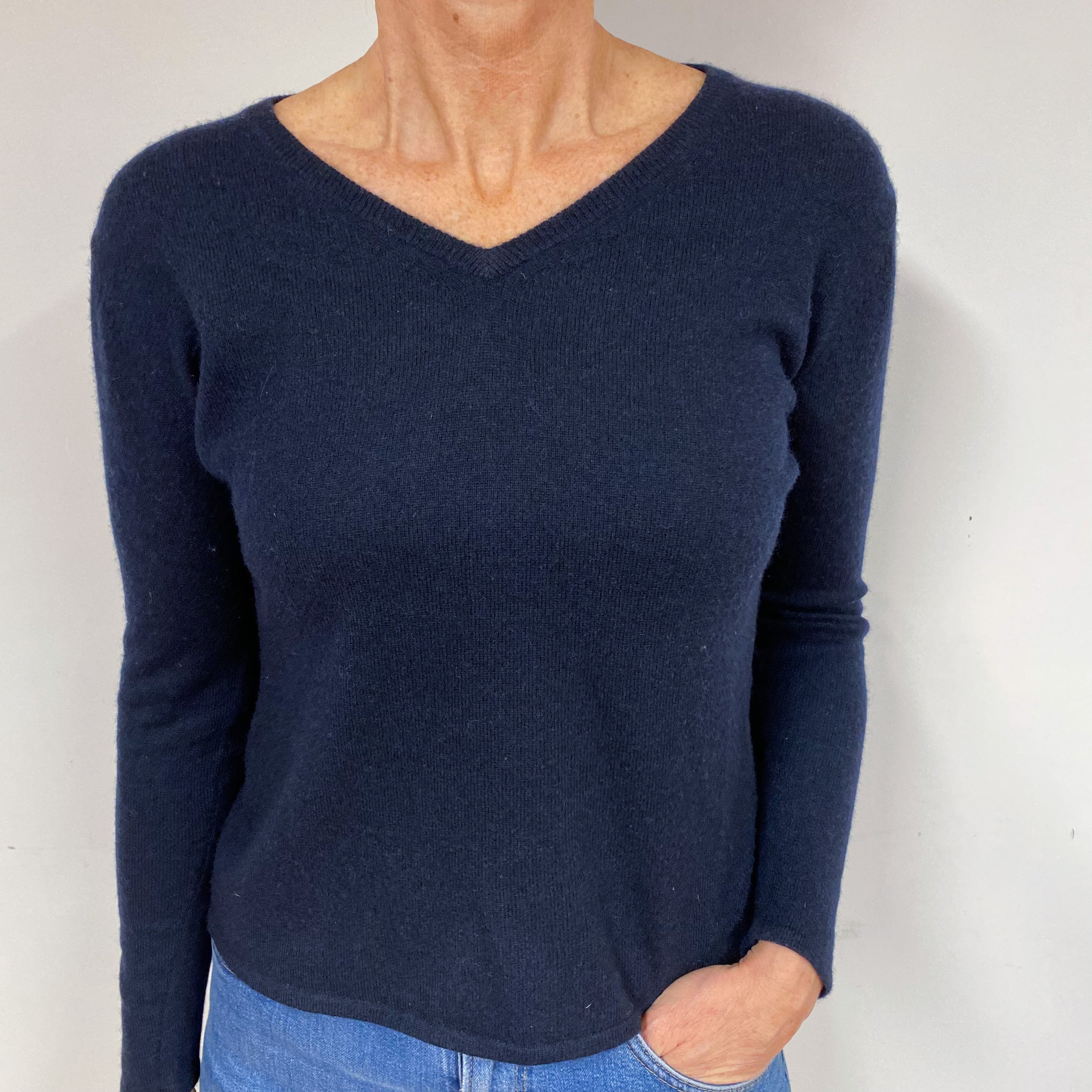 Navy Blue Cashmere V-Neck Jumper Medium