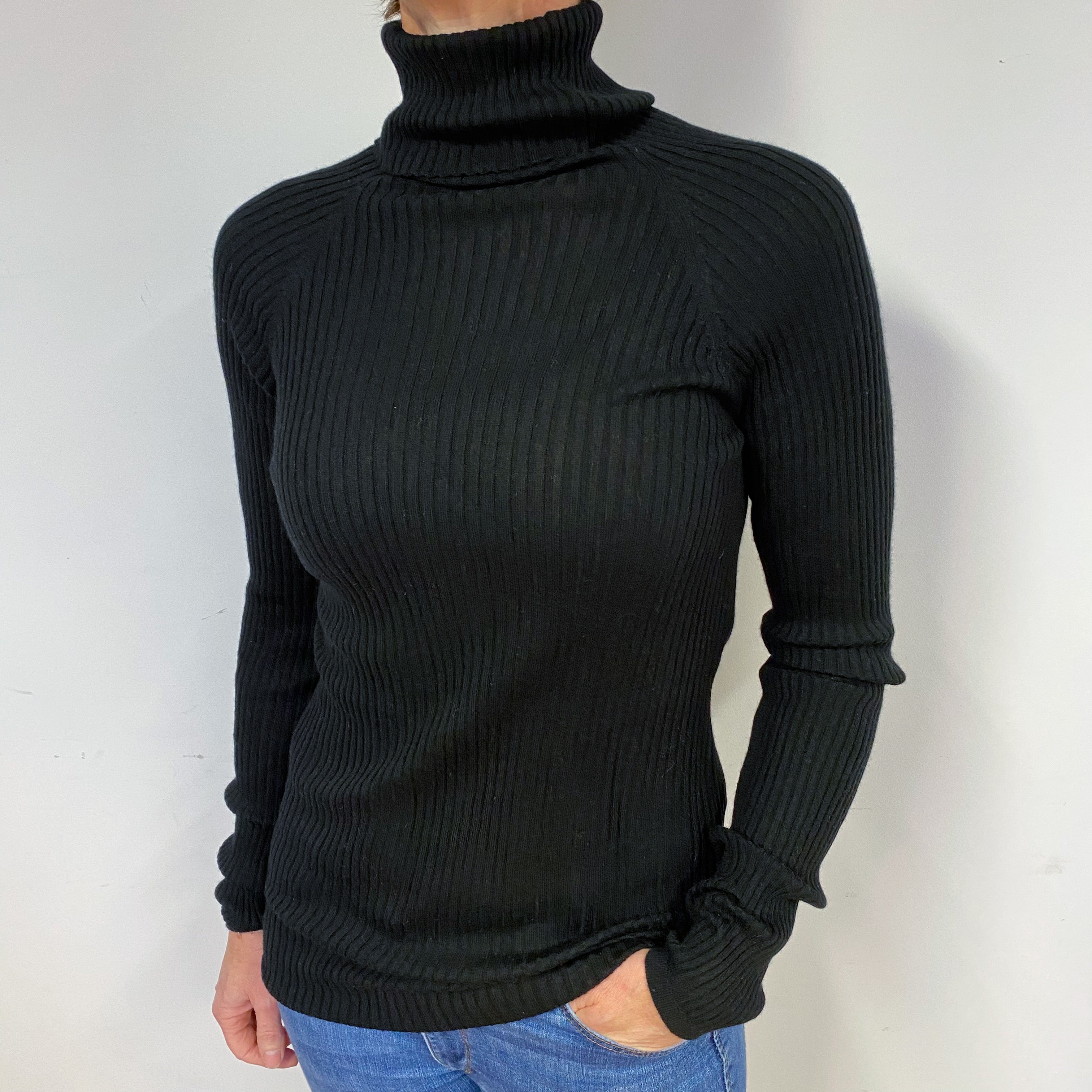 Black Skinny Ribbed Cashmere Polo Neck Jumper Medium