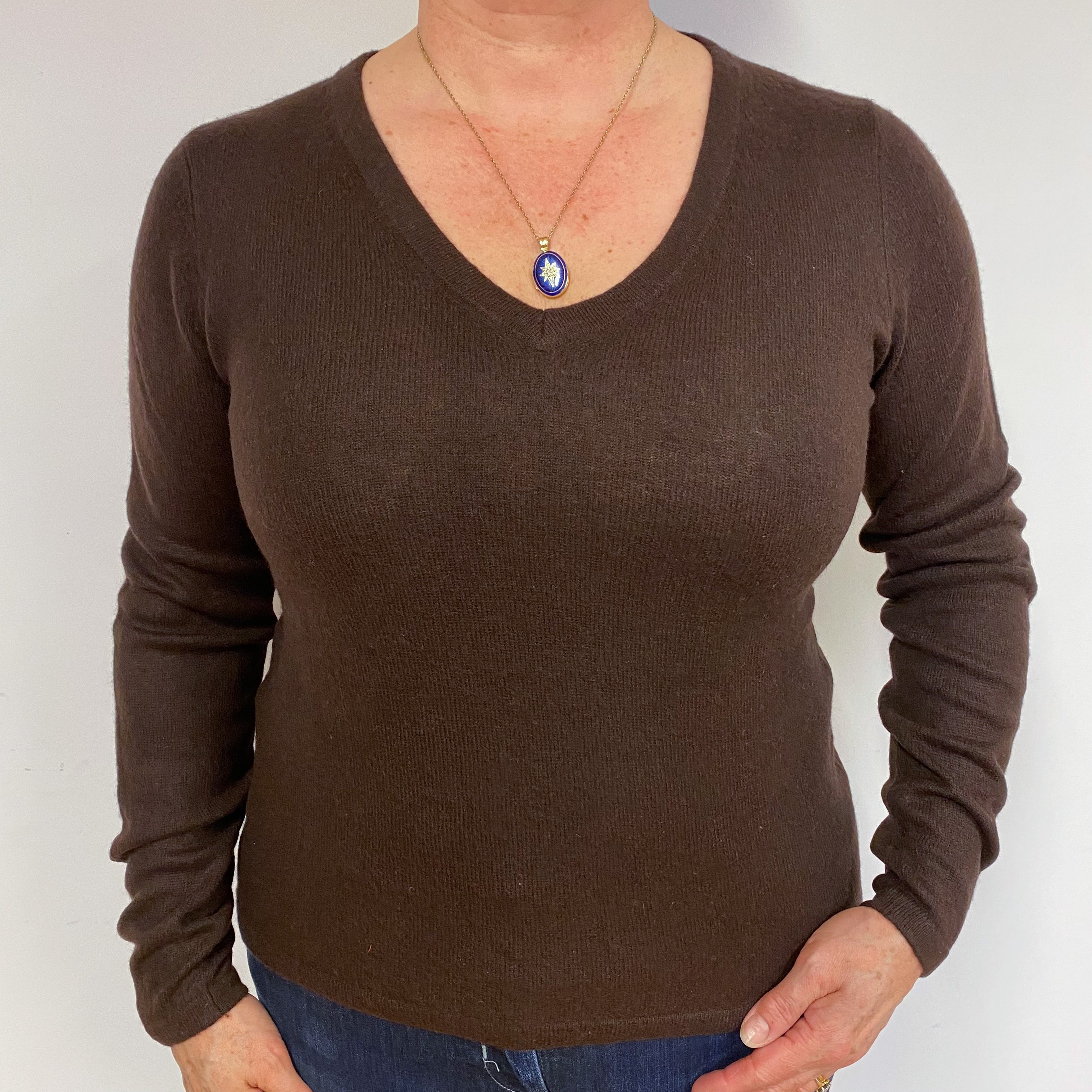 Chocolate Brown Cashmere V-Neck Jumper Large