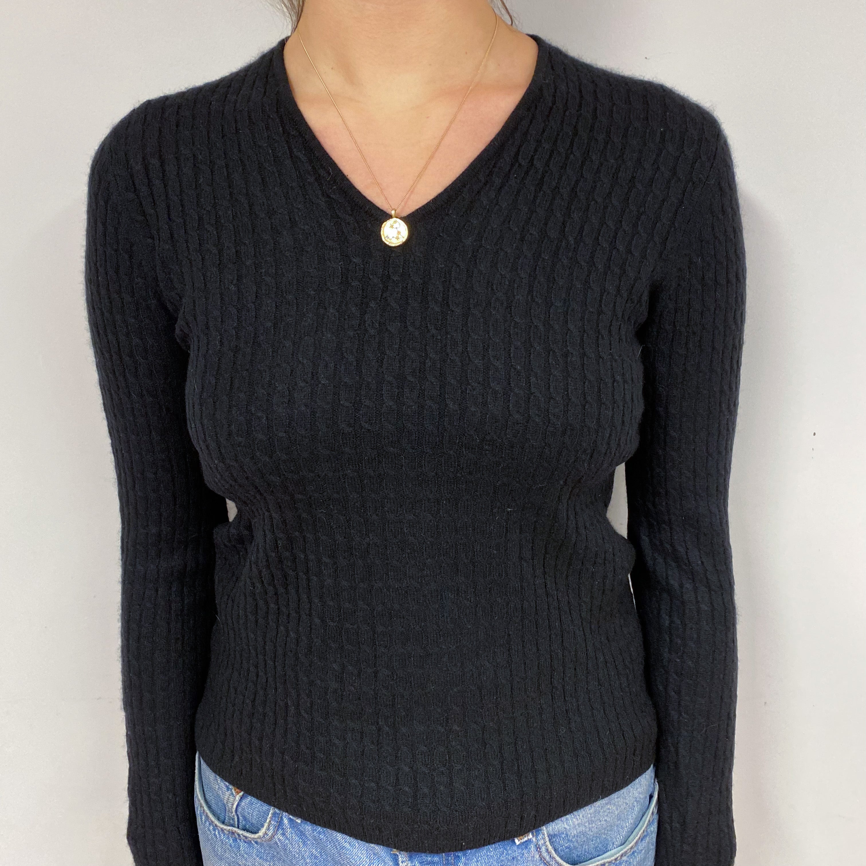 Black Cable Cashmere V-Neck Jumper Small