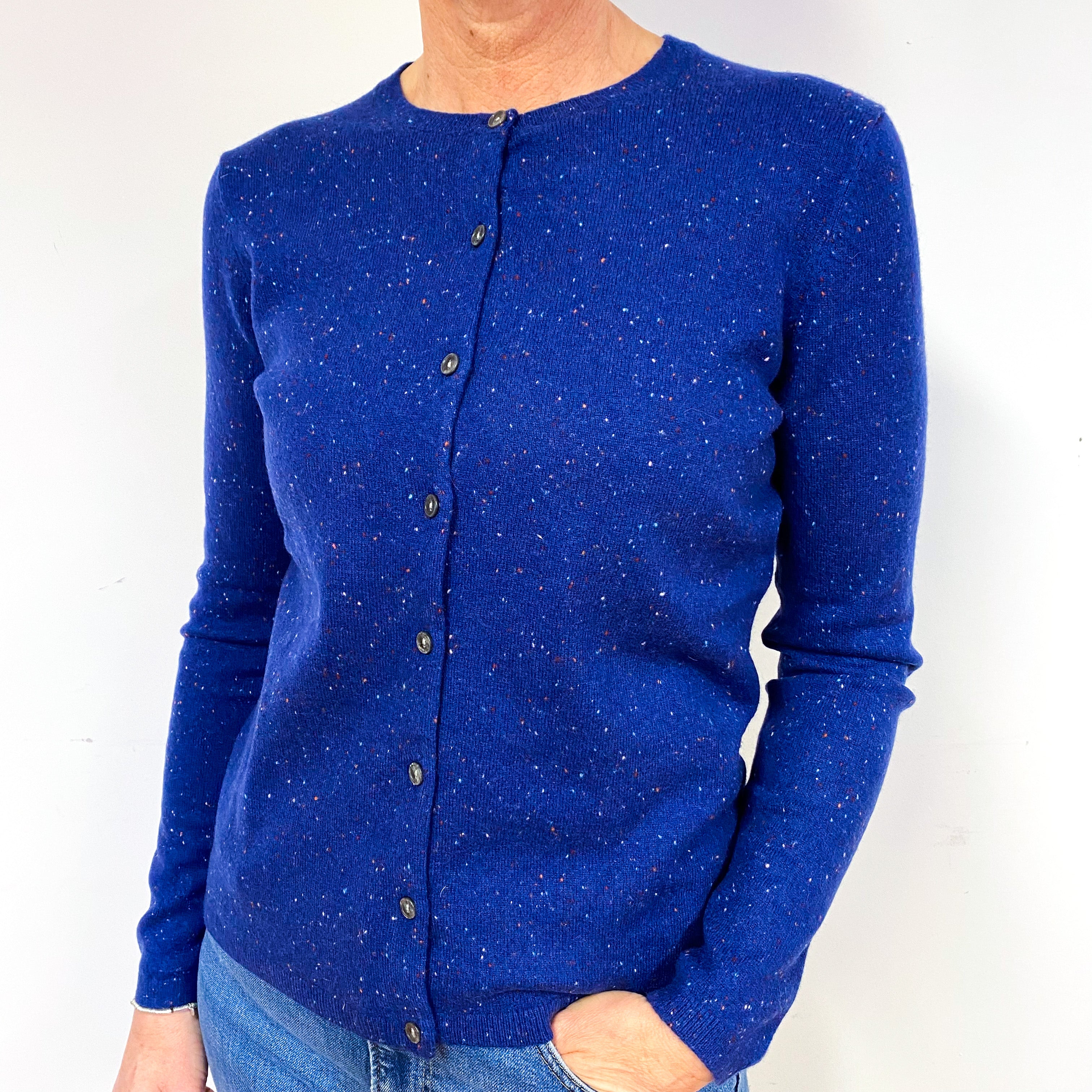 Prussian Blue Flecked Cashmere Crew Neck Cardigan Medium