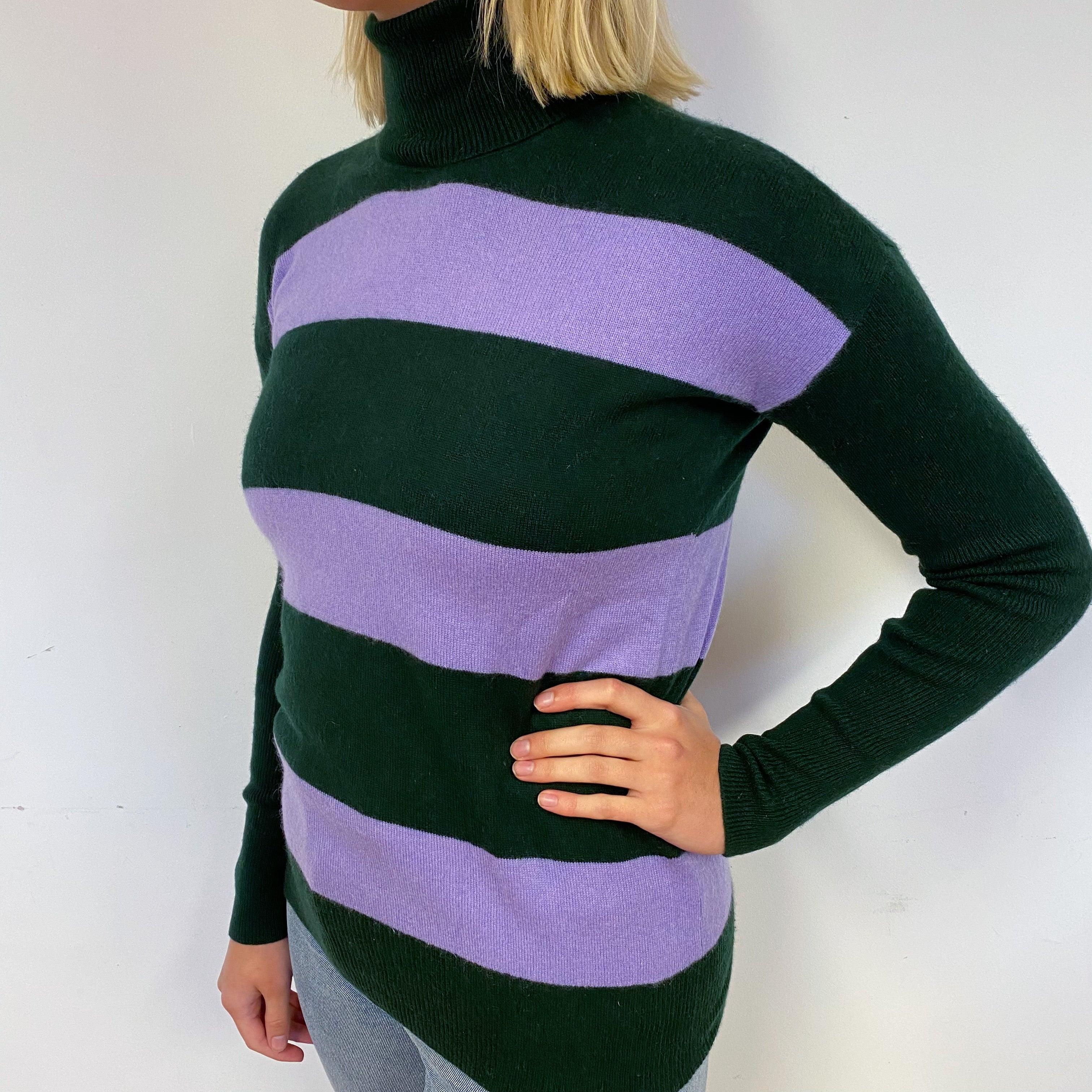 Green and Purple Stripe Cashmere Polo Neck Jumper Small