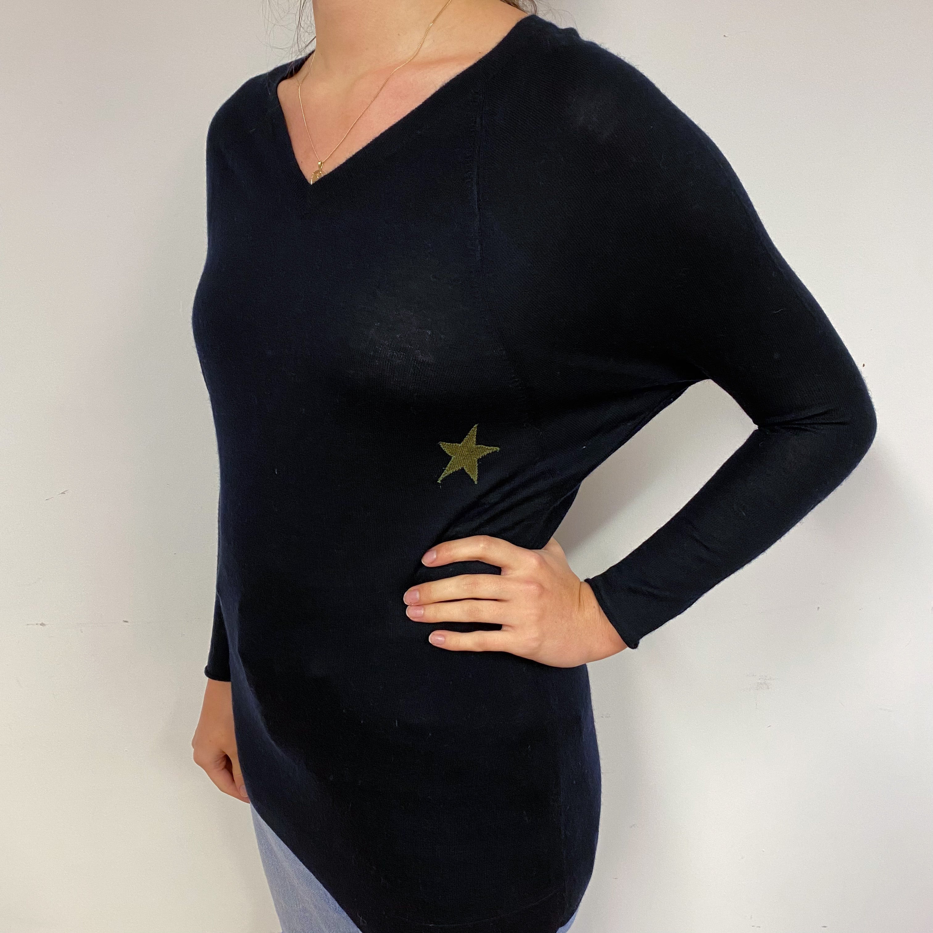 Lightweight Black Longline Cashmere V-Neck Jumper Small