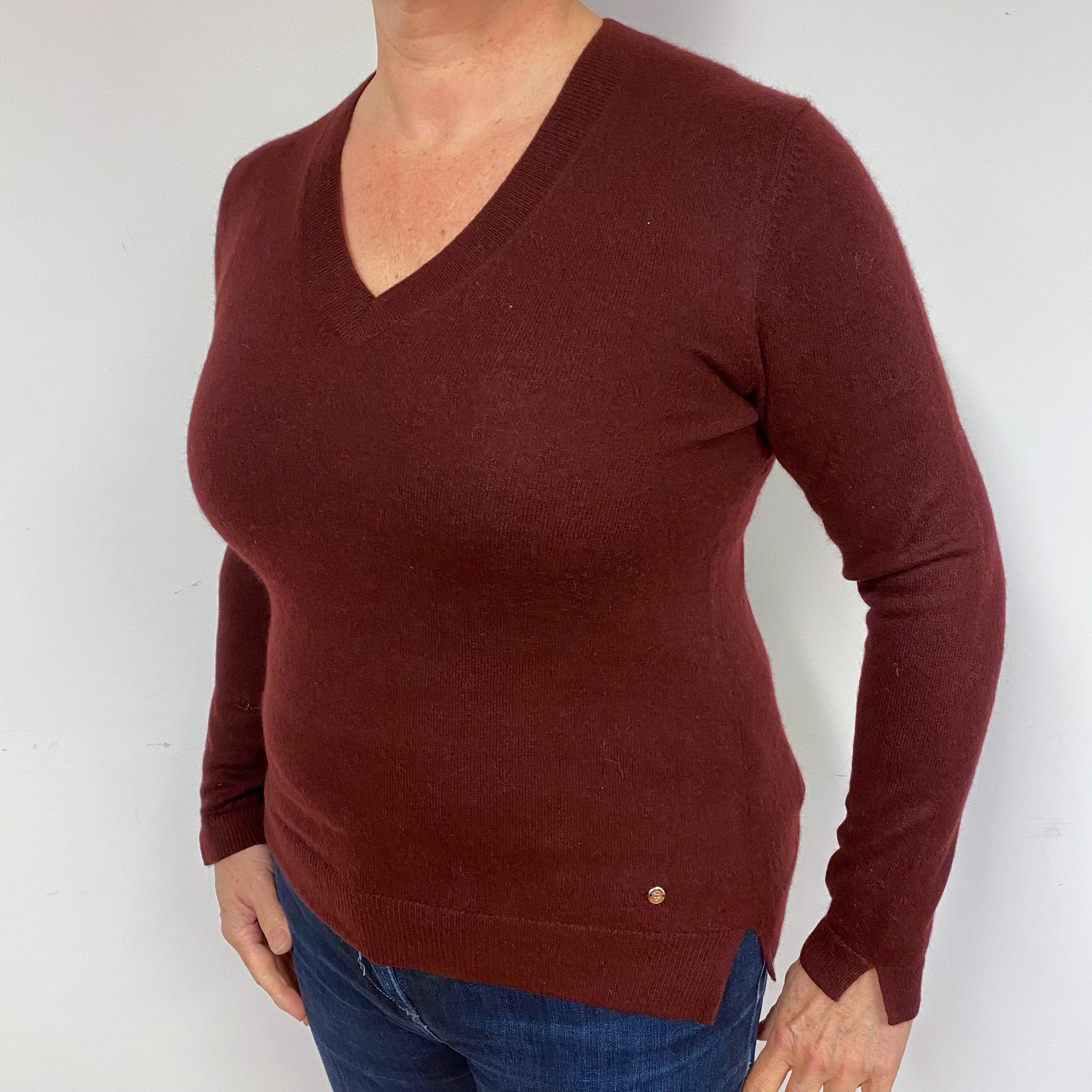 Claret Red Cashmere V-Neck Jumper Large