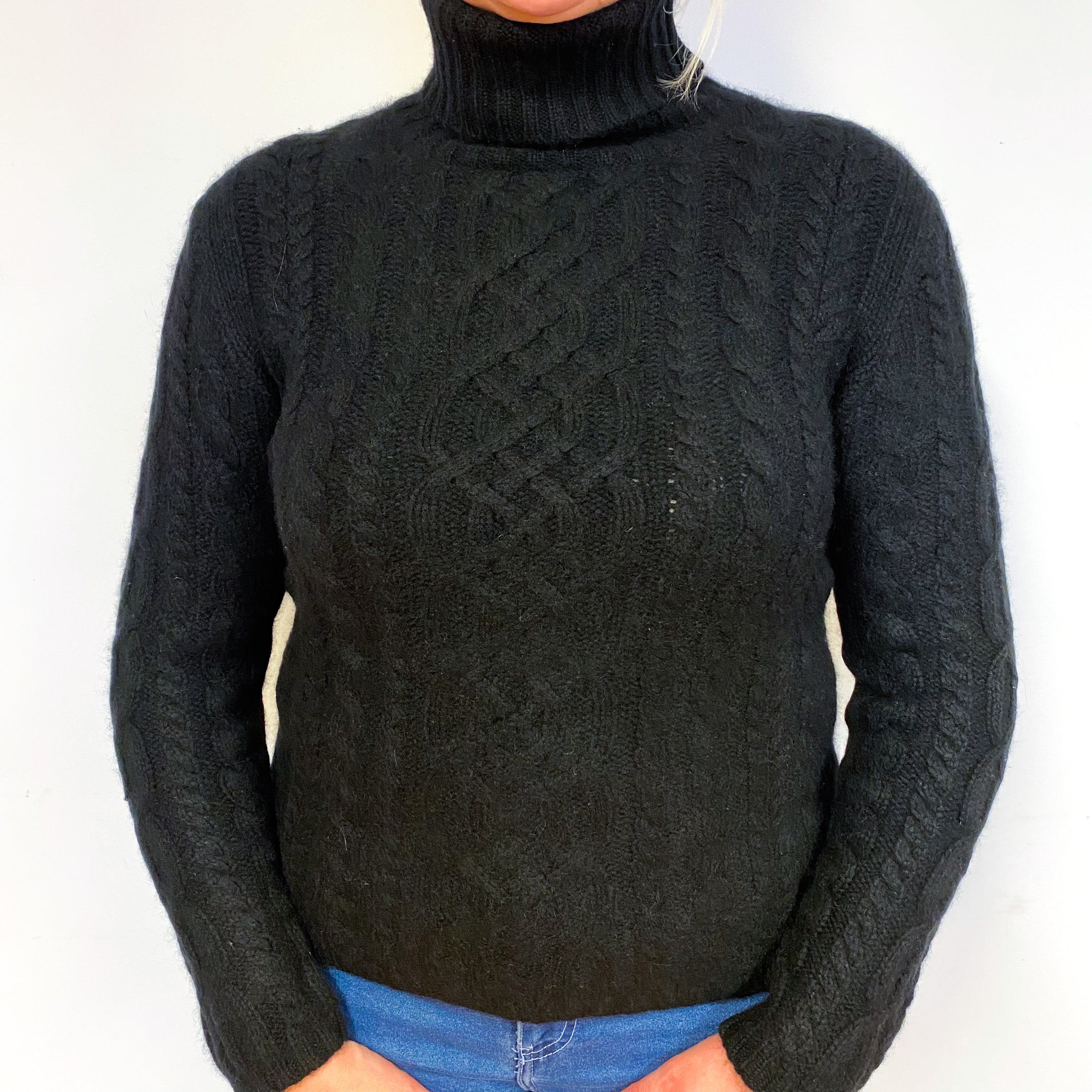 Chunky Black Cable Cashmere Polo Neck Jumper Large