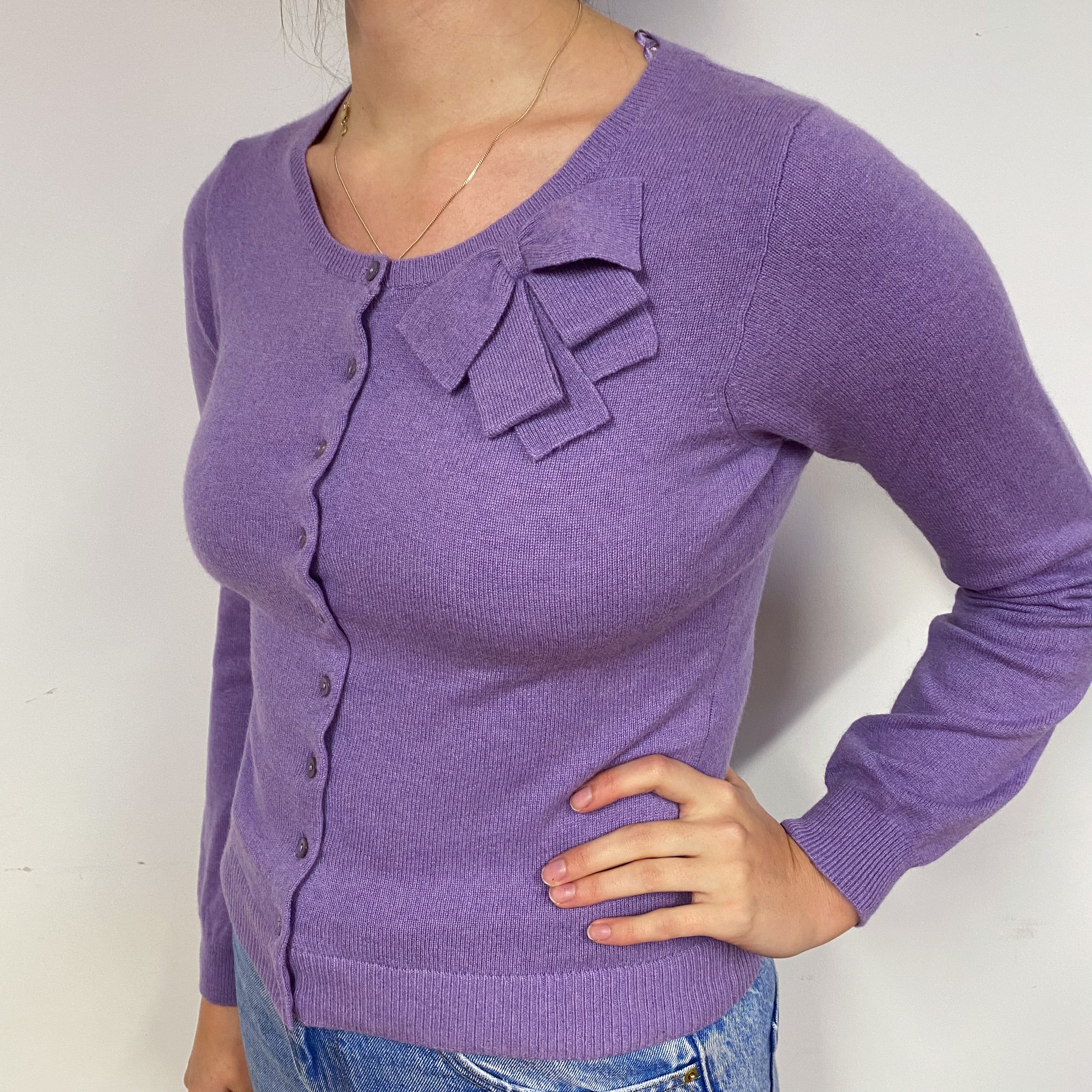Wisteria Purple Cashmere Crew Neck Cardigan Small