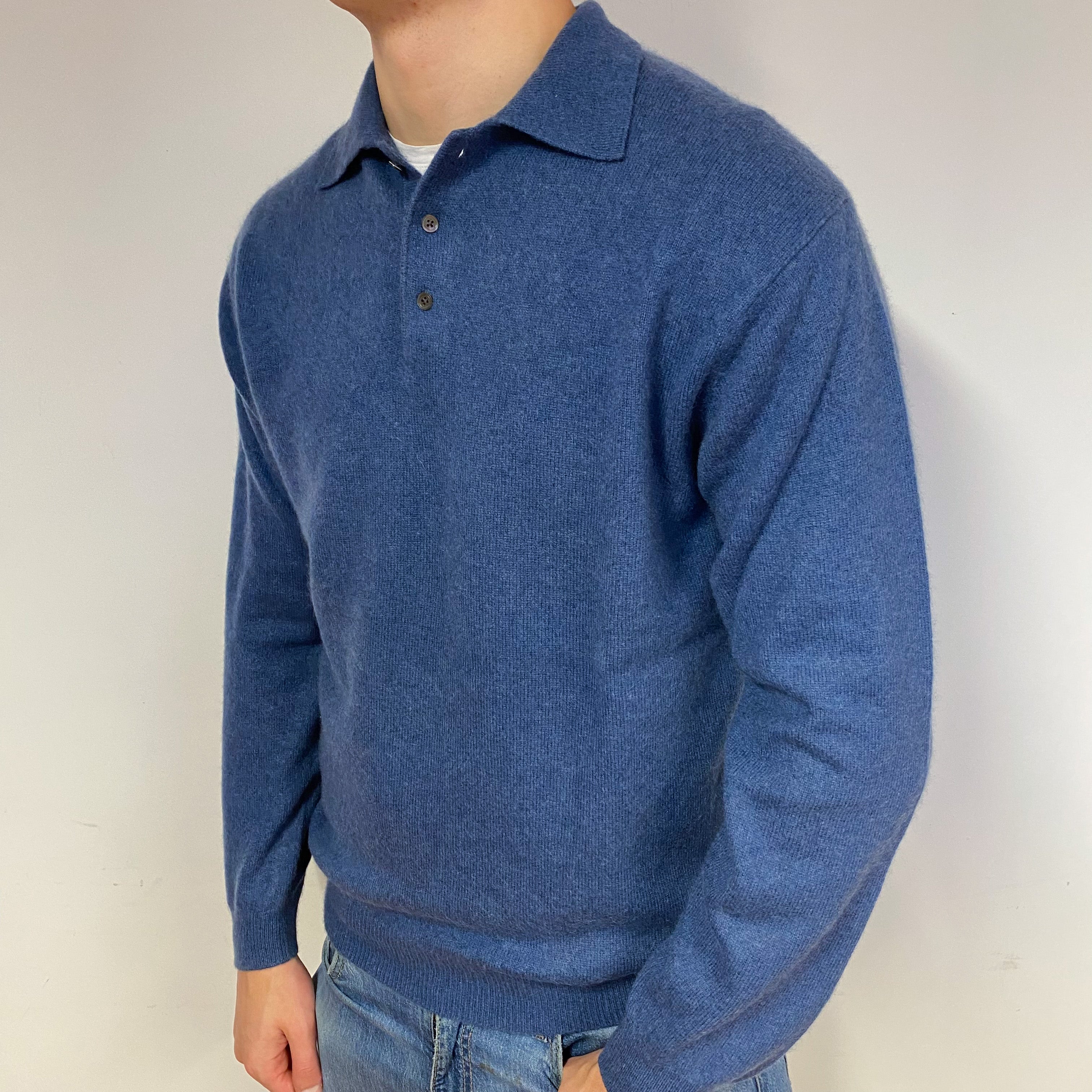 Men's Naval Blue Cashmere 1/4 Button Jumper Extra Large