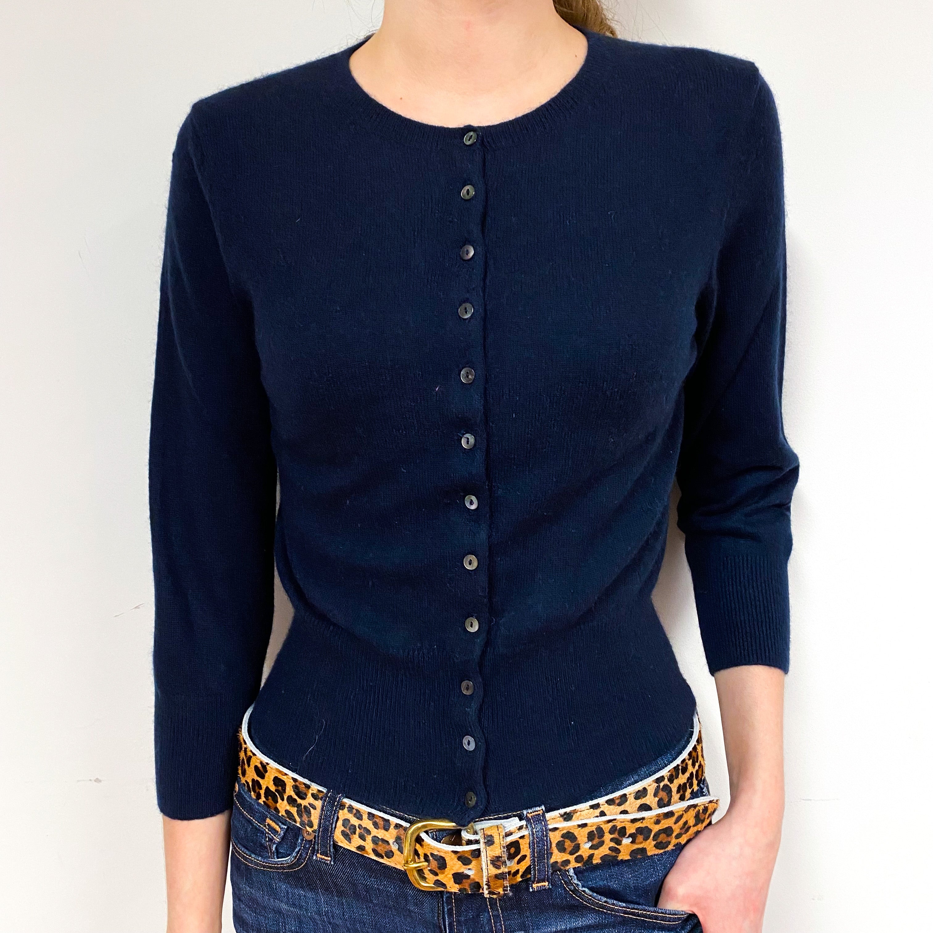 Navy Cropped Cashmere Crew Neck Cardigan Extra Small
