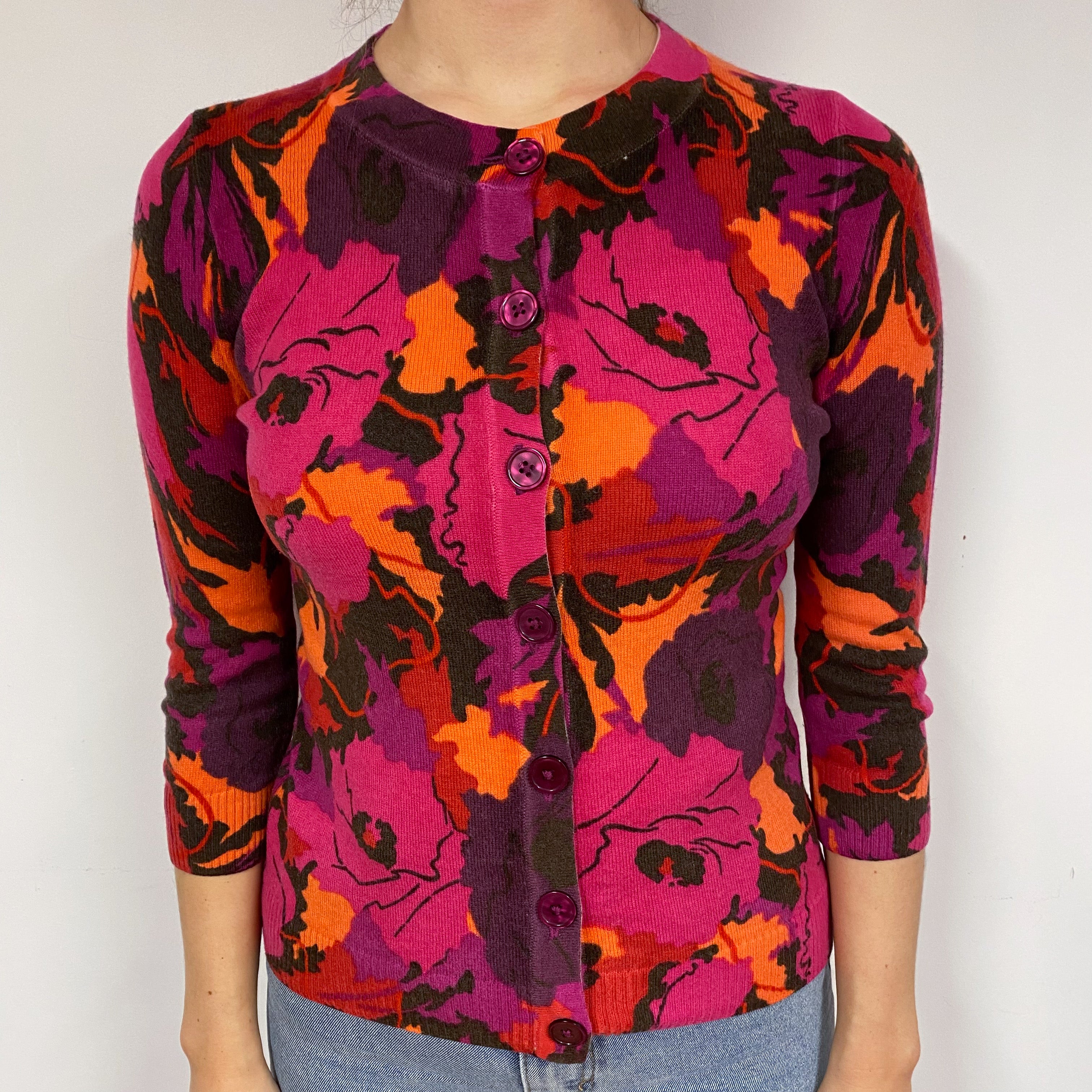 Pink Floral Cashmere Crew Neck Cardigan Small