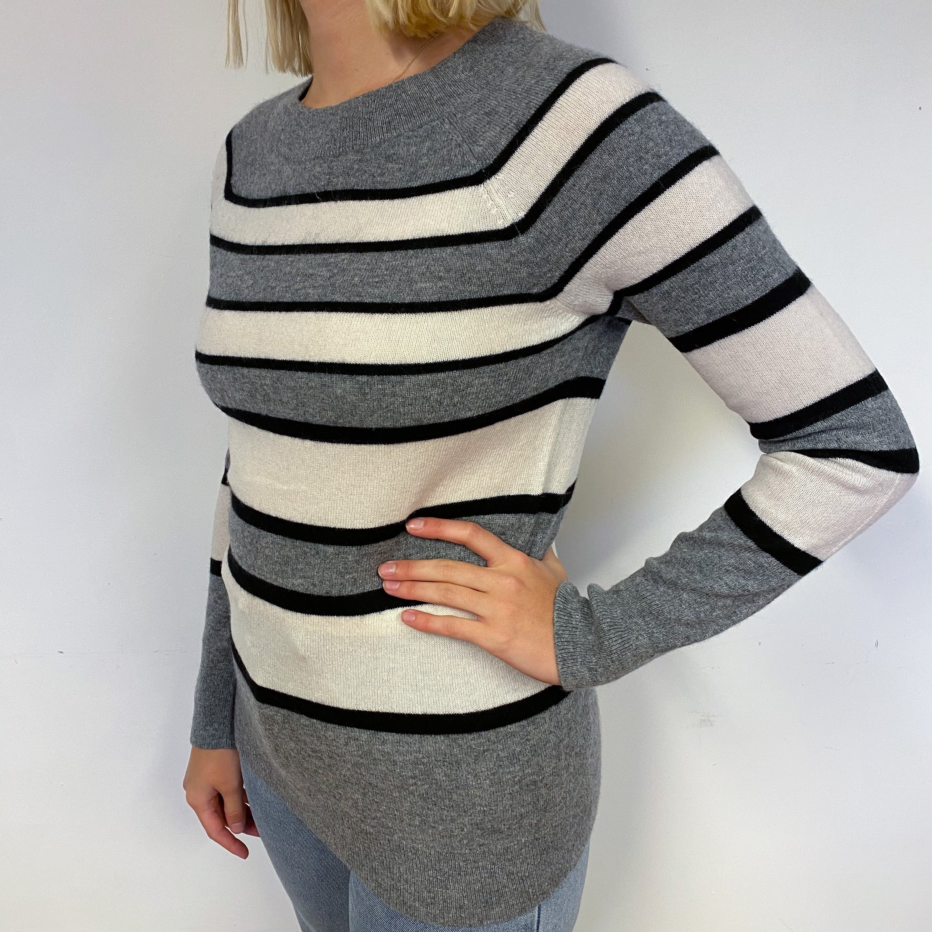 Grey and Cream StripeCashmere Crew Neck Jumper Small