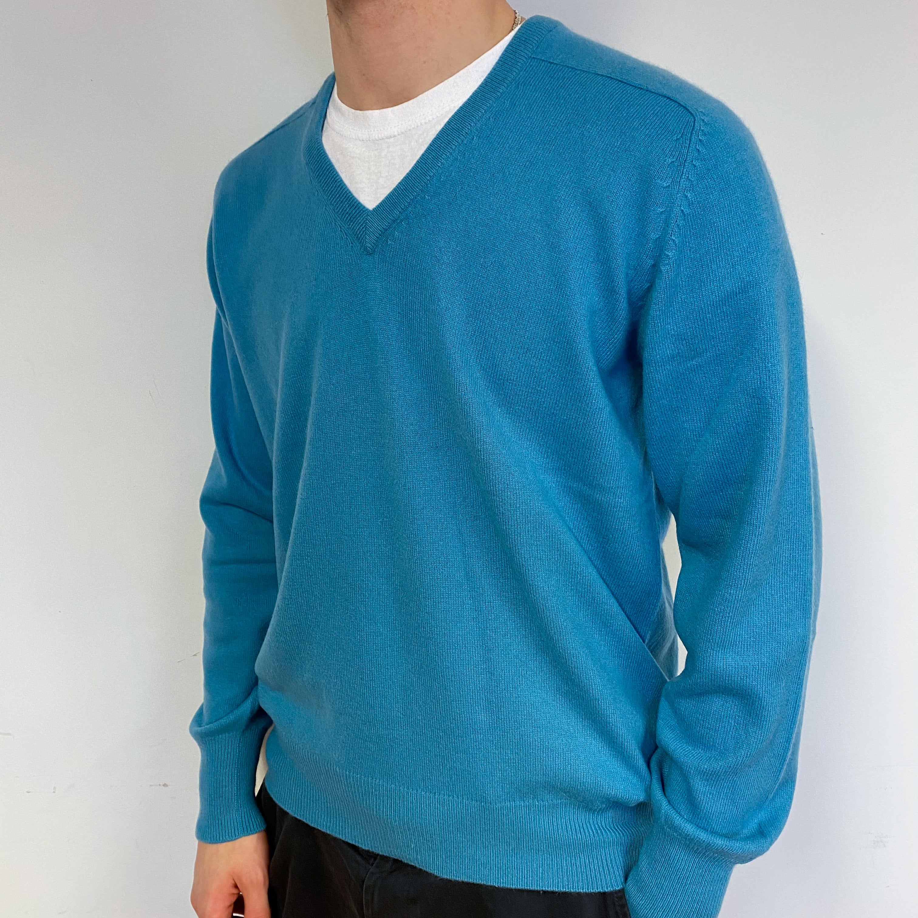 Men's Aqua Blue Cashmere V-Neck Jumper Medium