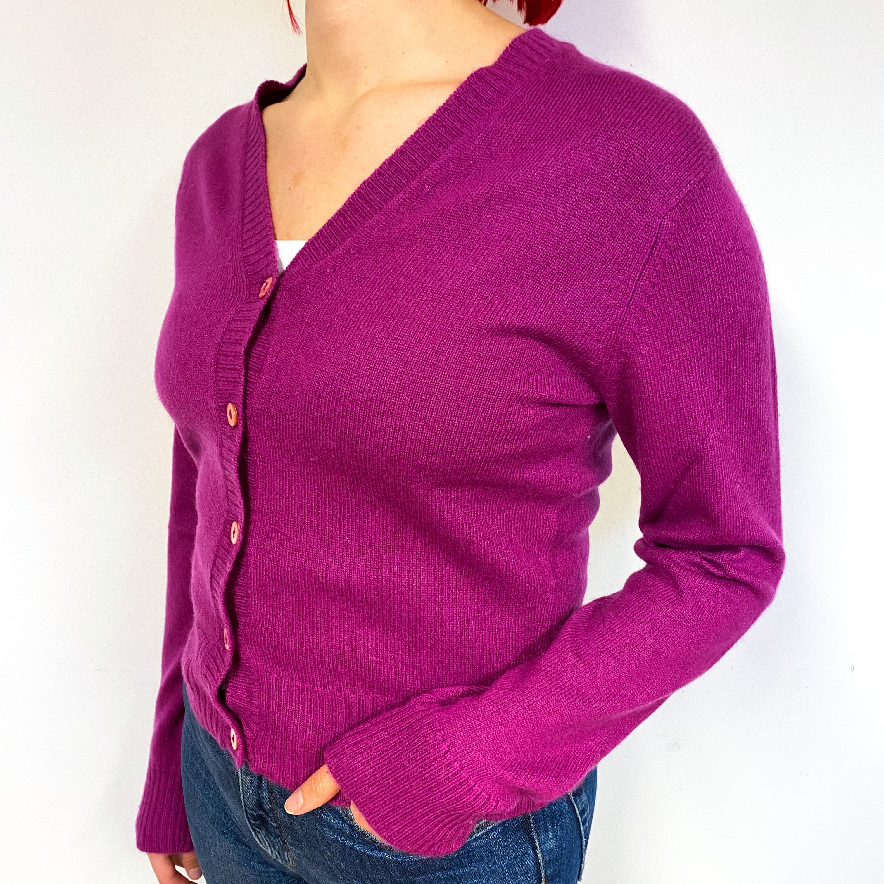 Brora Deep Magenta Pink Cashmere V-Neck Cardigan Small