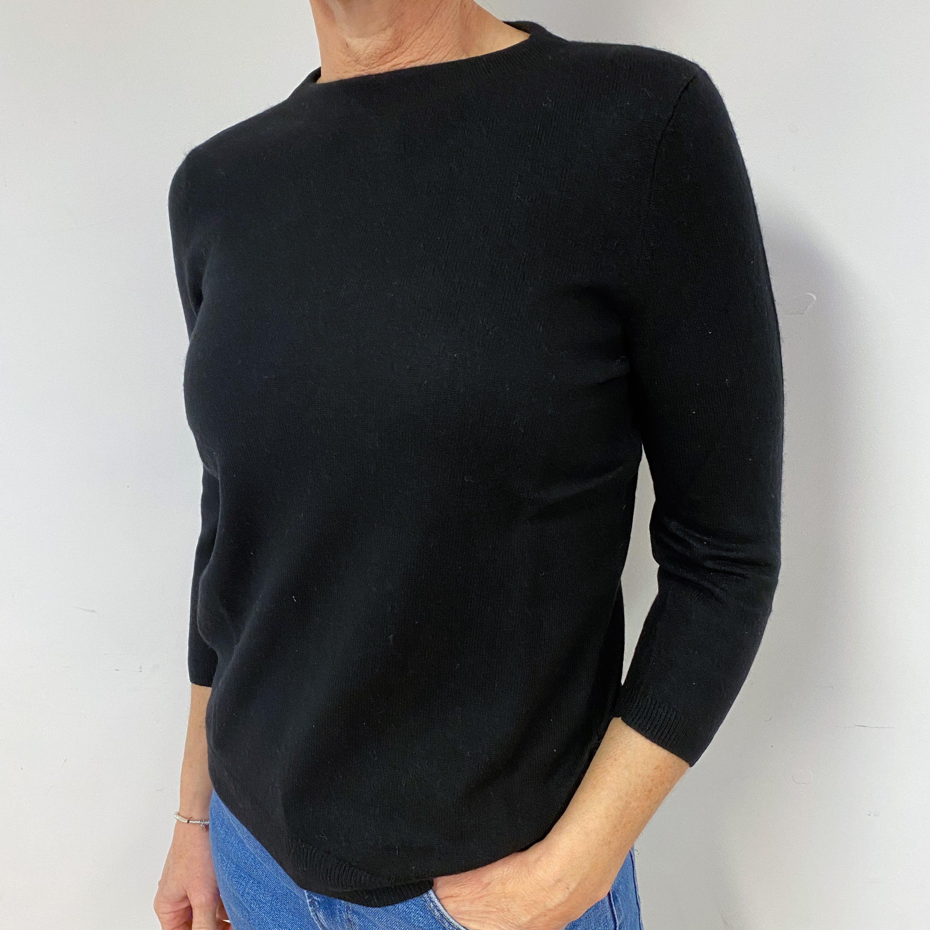 Black 3/4 Sleeve Cashmere Crew Neck Jumper Medium