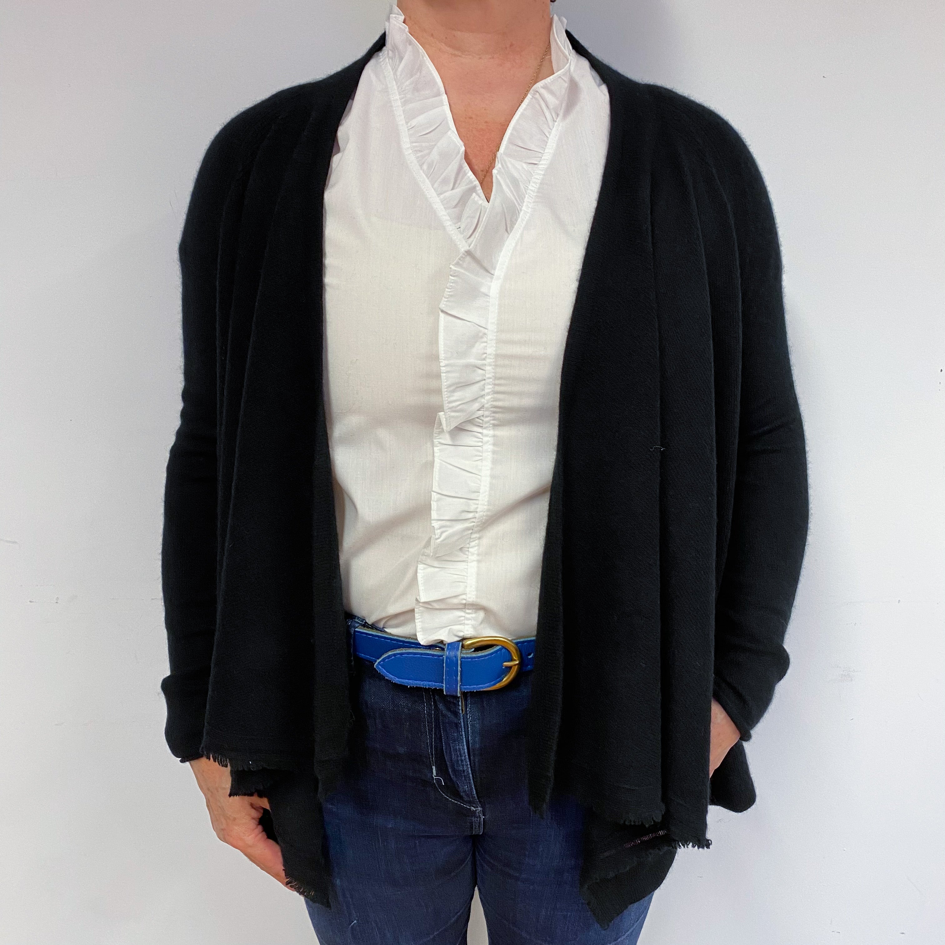 Black Fringed Cashmere Waterfall Cardigan Large