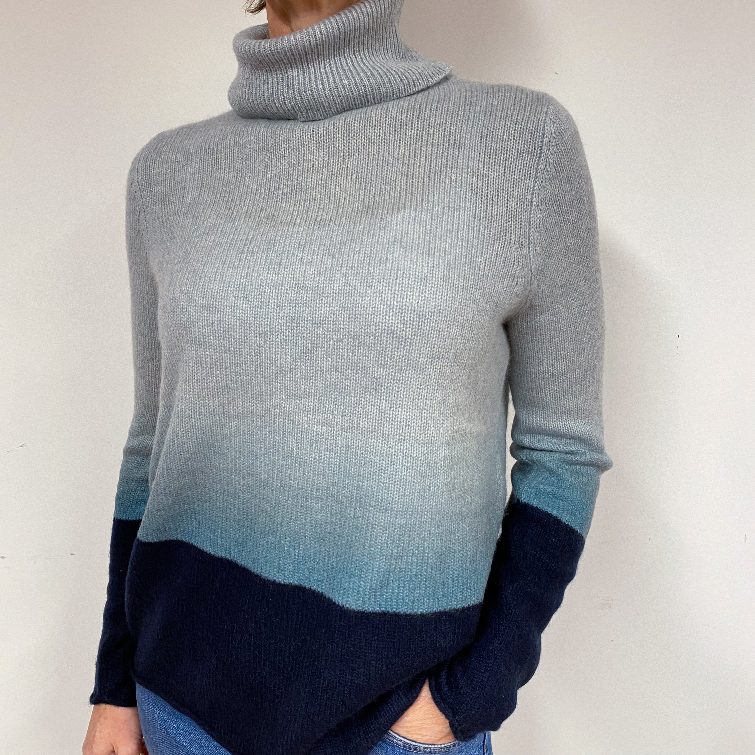Grey Blue Ombre Cashmere Polo Neck Jumper Medium
