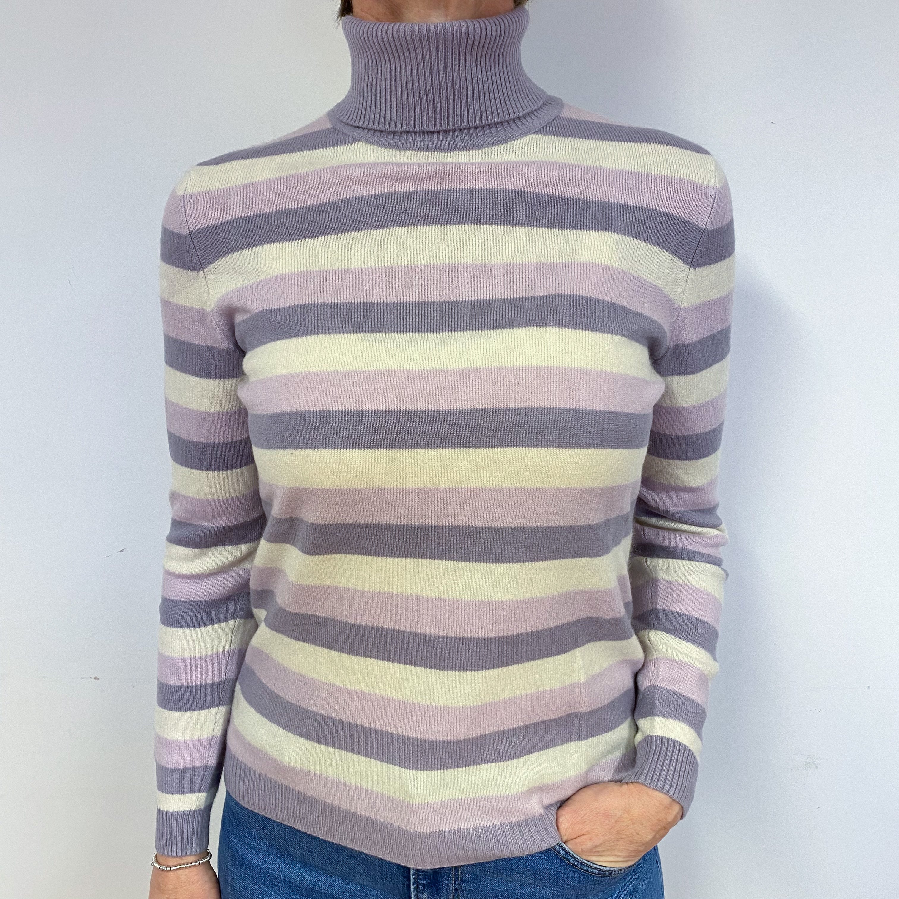 Purple Striped Cashmere Polo Neck Jumper Medium